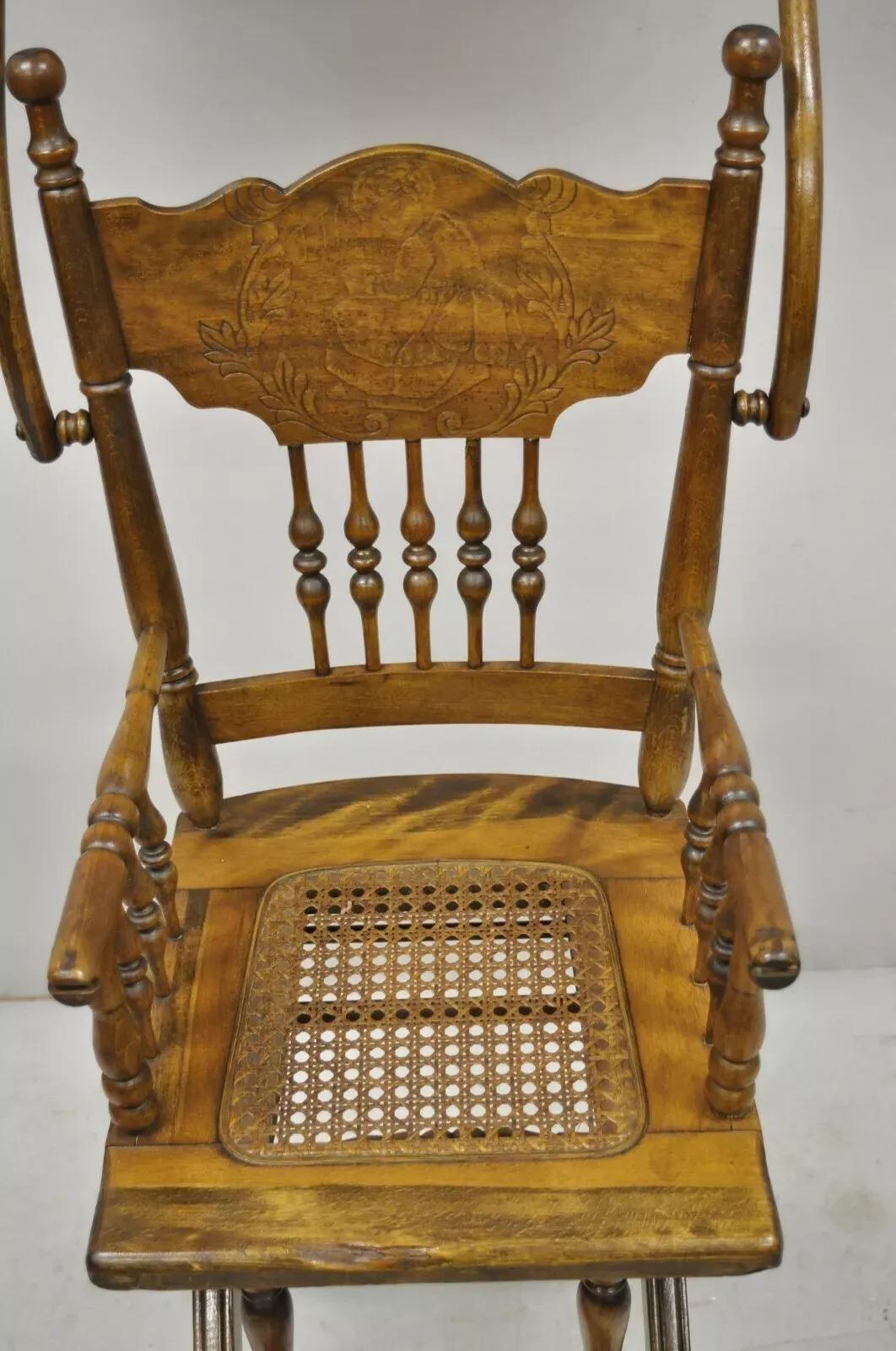 Antique Victorian Oak Convertible Pressed Back High Chair Baby Stroller For Sale 1