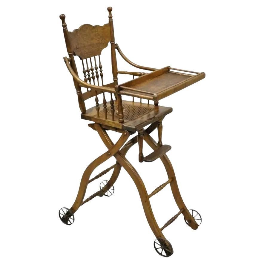 Antique Victorian Oak Convertible Pressed Back High Chair Baby Stroller