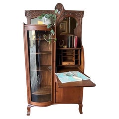 Antique Victorian Oak Glass Side By Side Cabinet / Secretary Desk Original Key