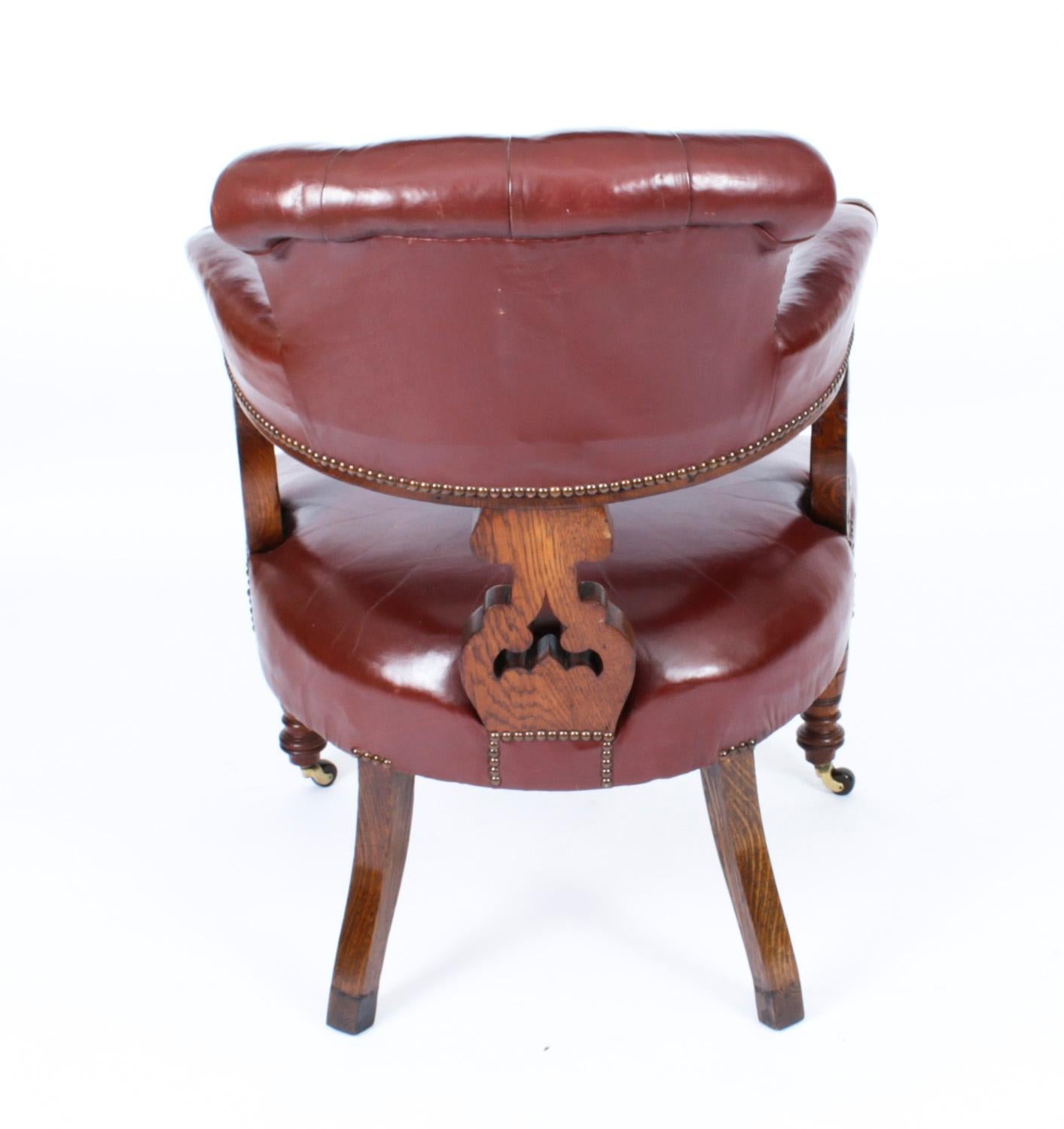 Chaise de bureau victorienne ancienne en chêne et cuir, chaise tubulaire, 19ème siècle en vente 3