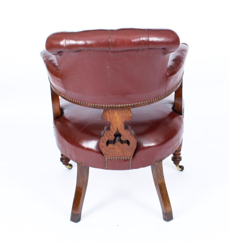 Antique Victorian Oak Leather Desk Chair Tub Chair 19th Century For Sale 6