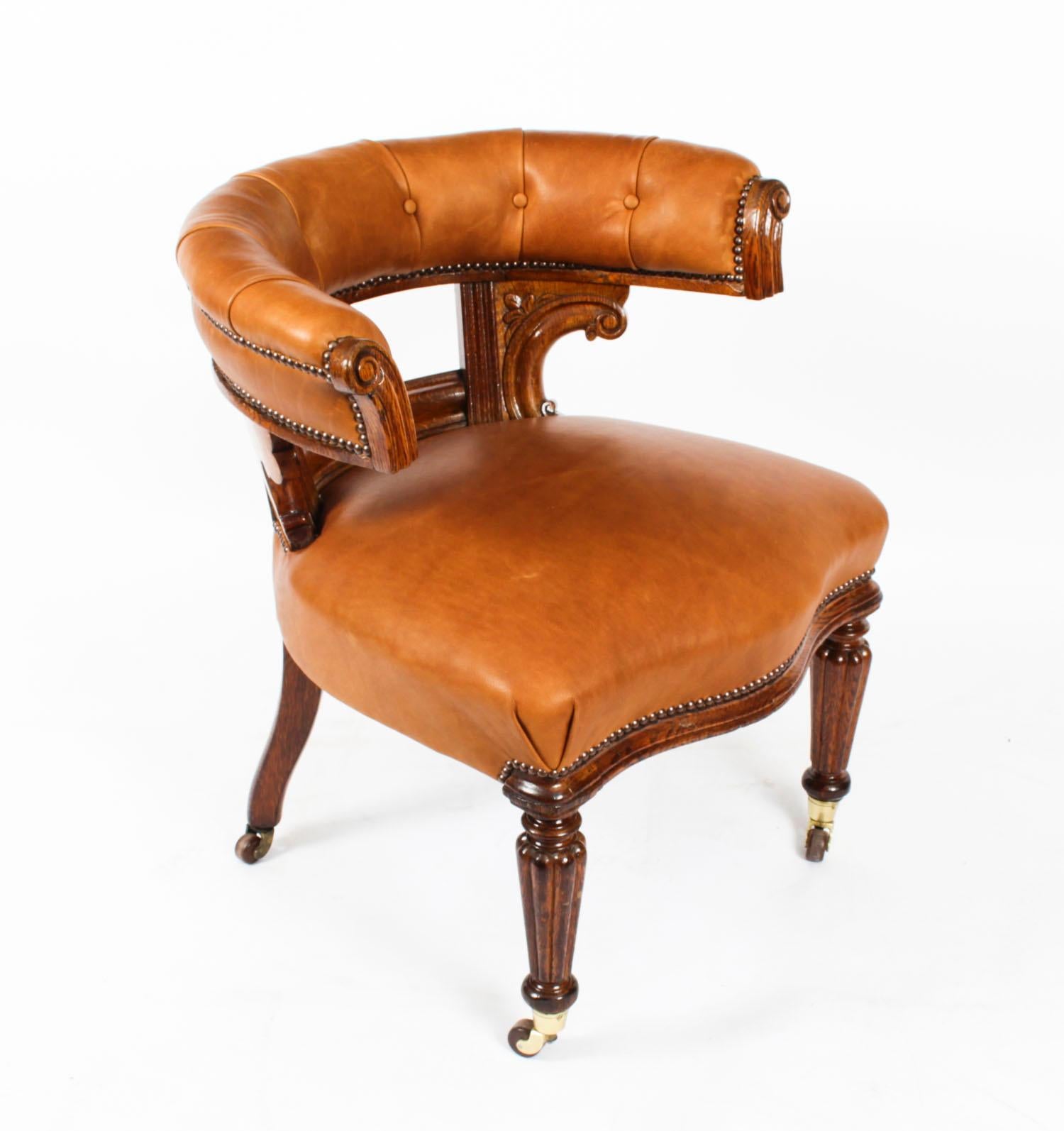 Antique Victorian Oak & Leather Desk Chair Tub Chair, 19th Century 7