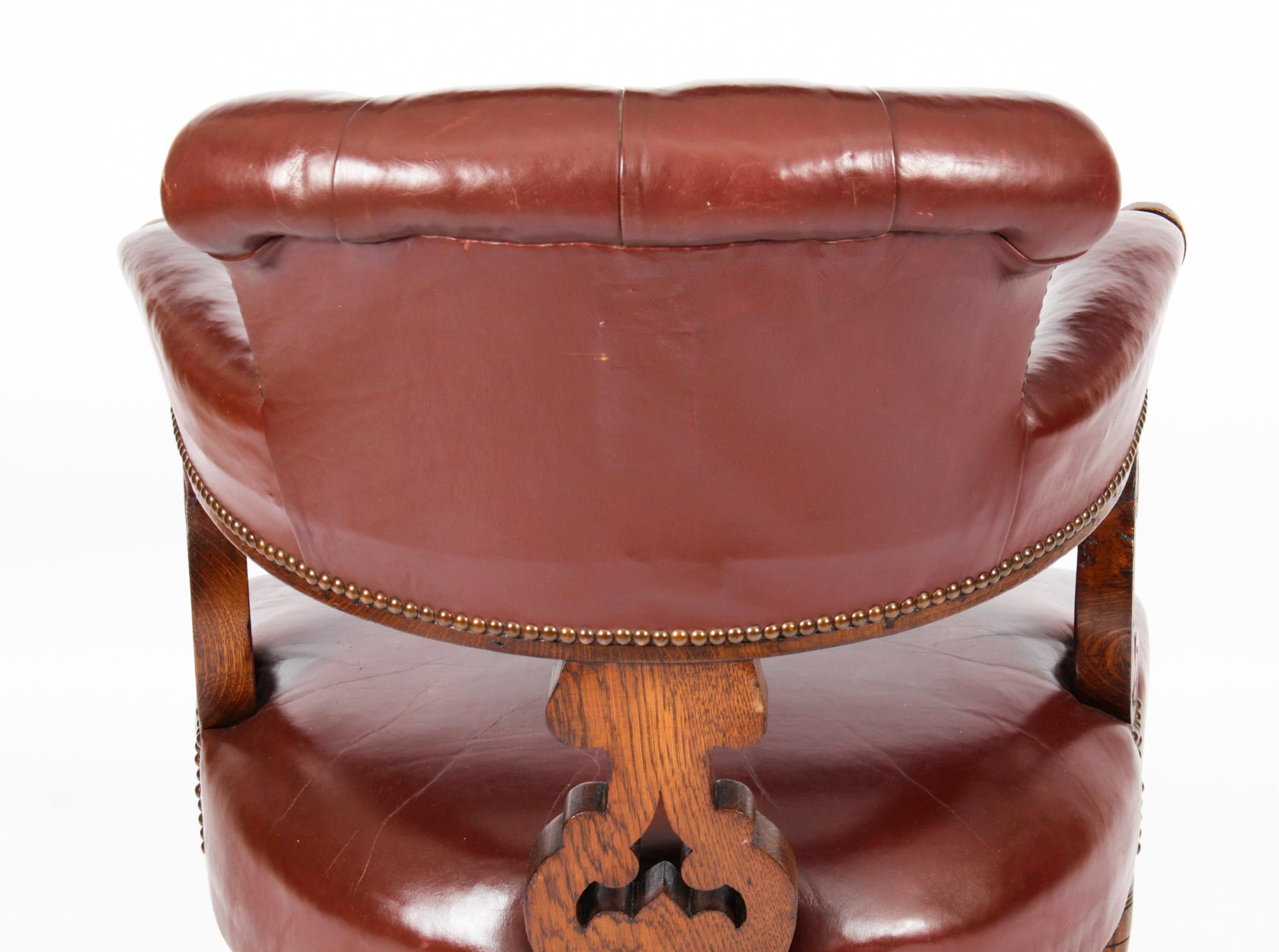Chaise de bureau victorienne ancienne en chêne et cuir, chaise tubulaire, 19ème siècle en vente 4
