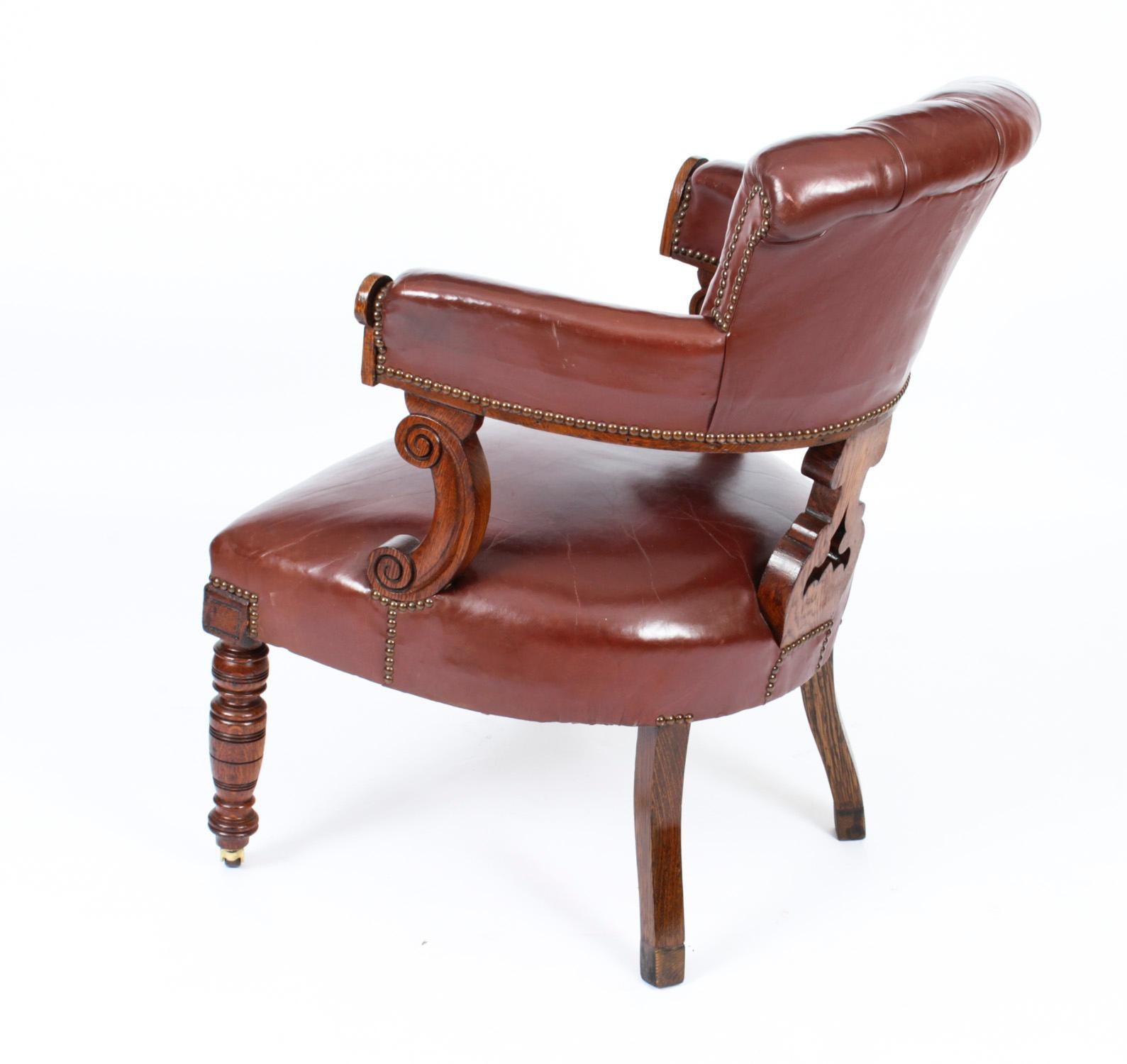 Antique Victorian Oak Leather Desk Chair Tub Chair 19th Century For Sale 6