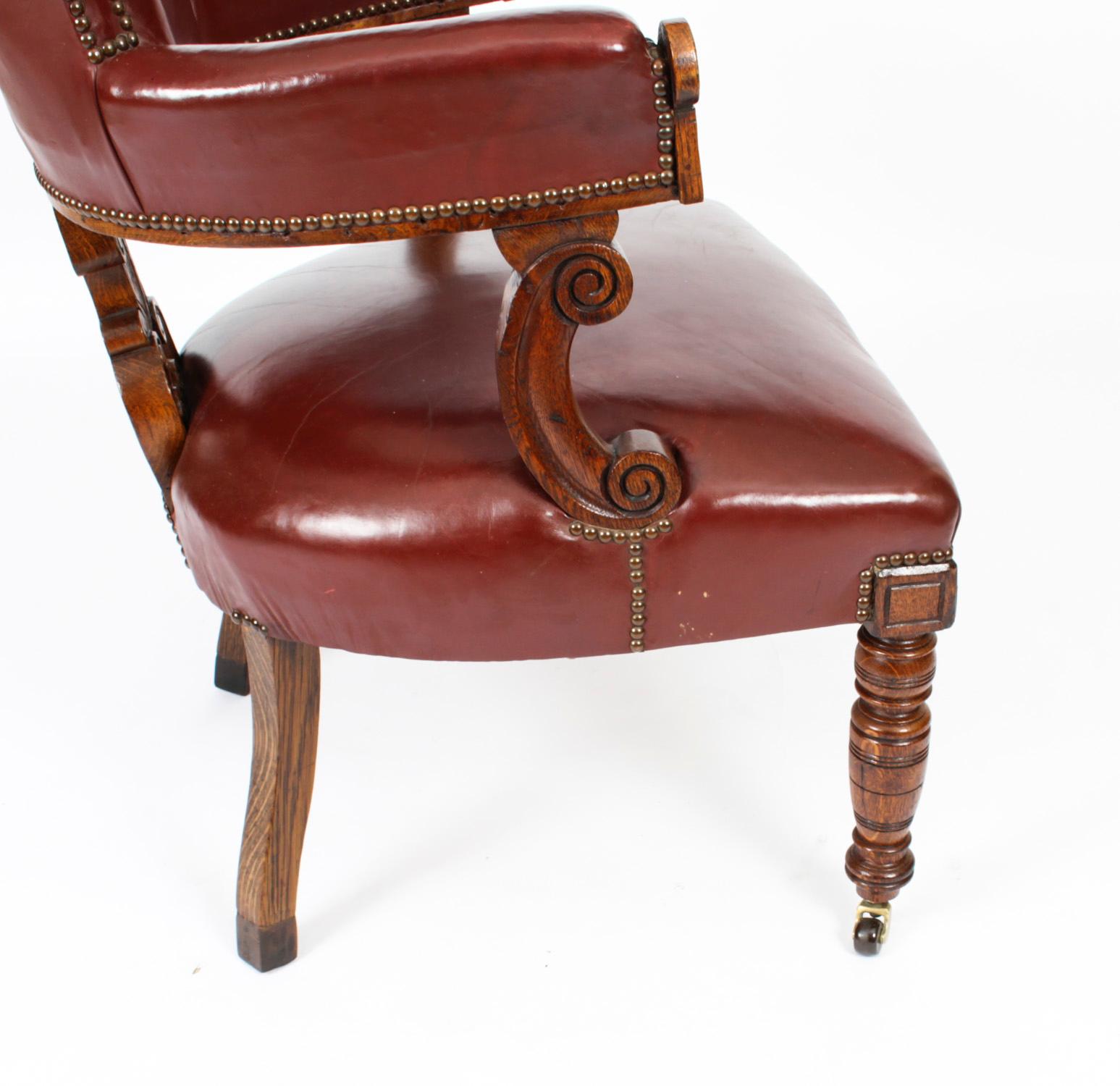 Antique Victorian Oak Leather Desk Chair Tub Chair 19th Century For Sale 9