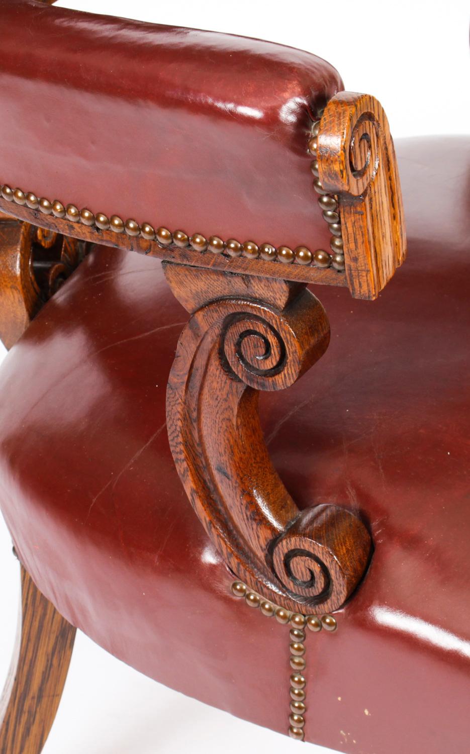 Antique Victorian Oak Leather Desk Chair Tub Chair 19th Century For Sale 11