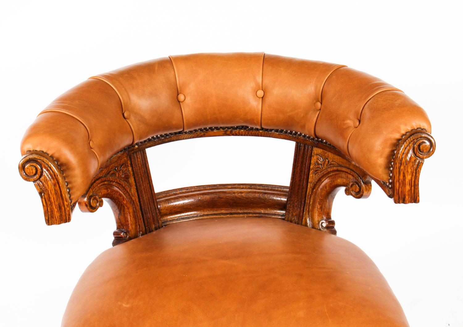 English Antique Victorian Oak & Leather Desk Chair Tub Chair, 19th Century
