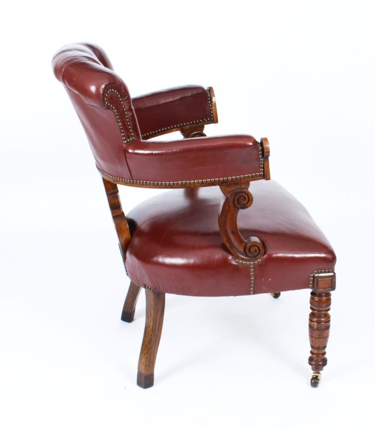 English Antique Victorian Oak Leather Desk Chair Tub Chair 19th Century For Sale