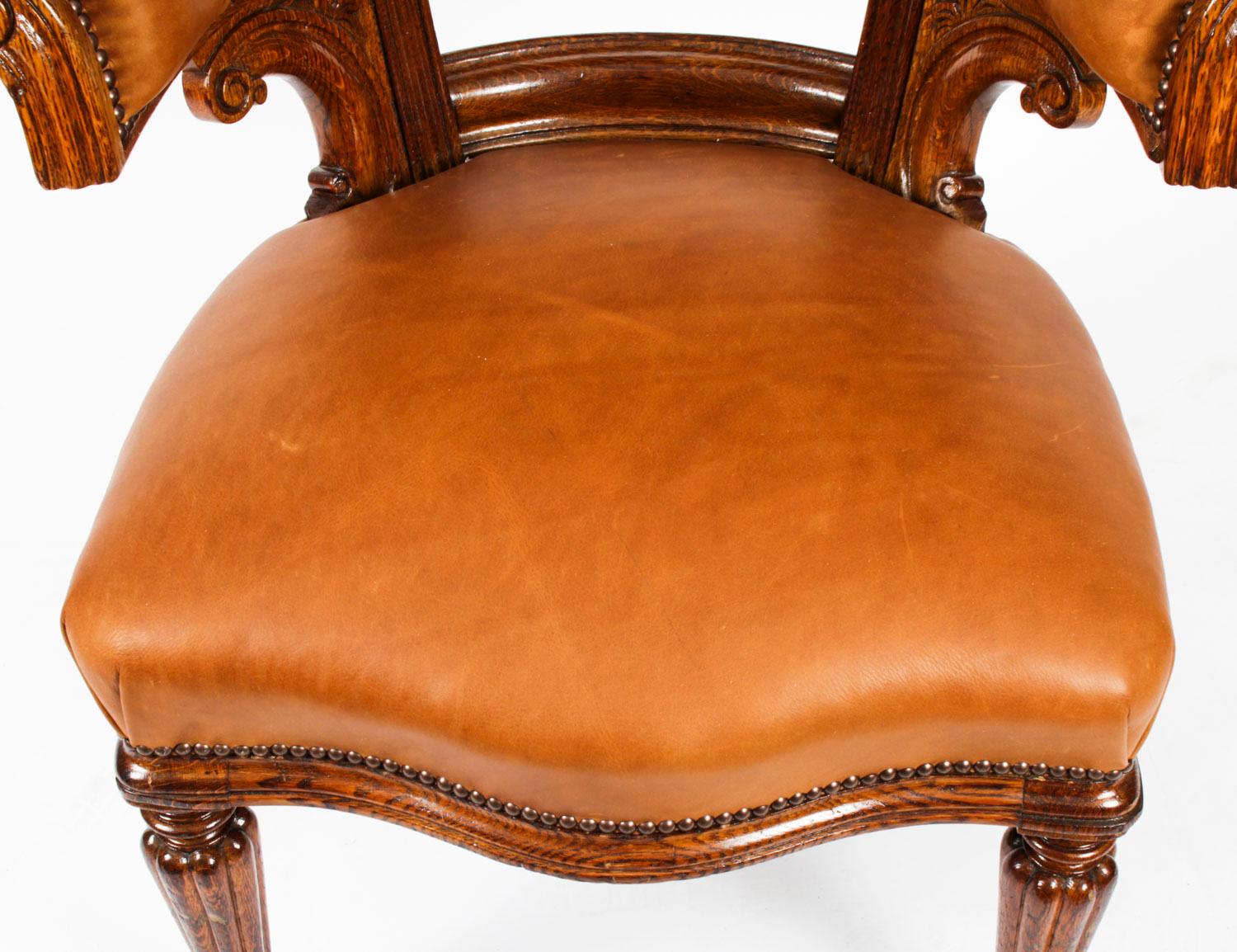 Antique Victorian Oak & Leather Desk Chair Tub Chair, 19th Century In Good Condition In London, GB