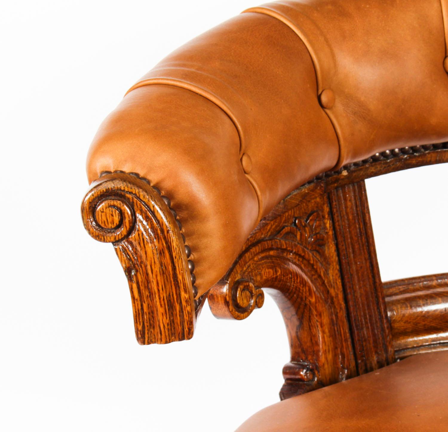Antique Victorian Oak & Leather Desk Chair Tub Chair, 19th Century 1