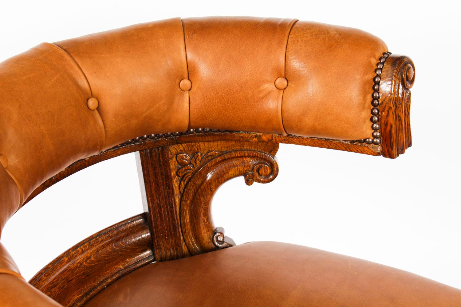 Antique Victorian Oak & Leather Desk Chair Tub Chair, 19th Century 2