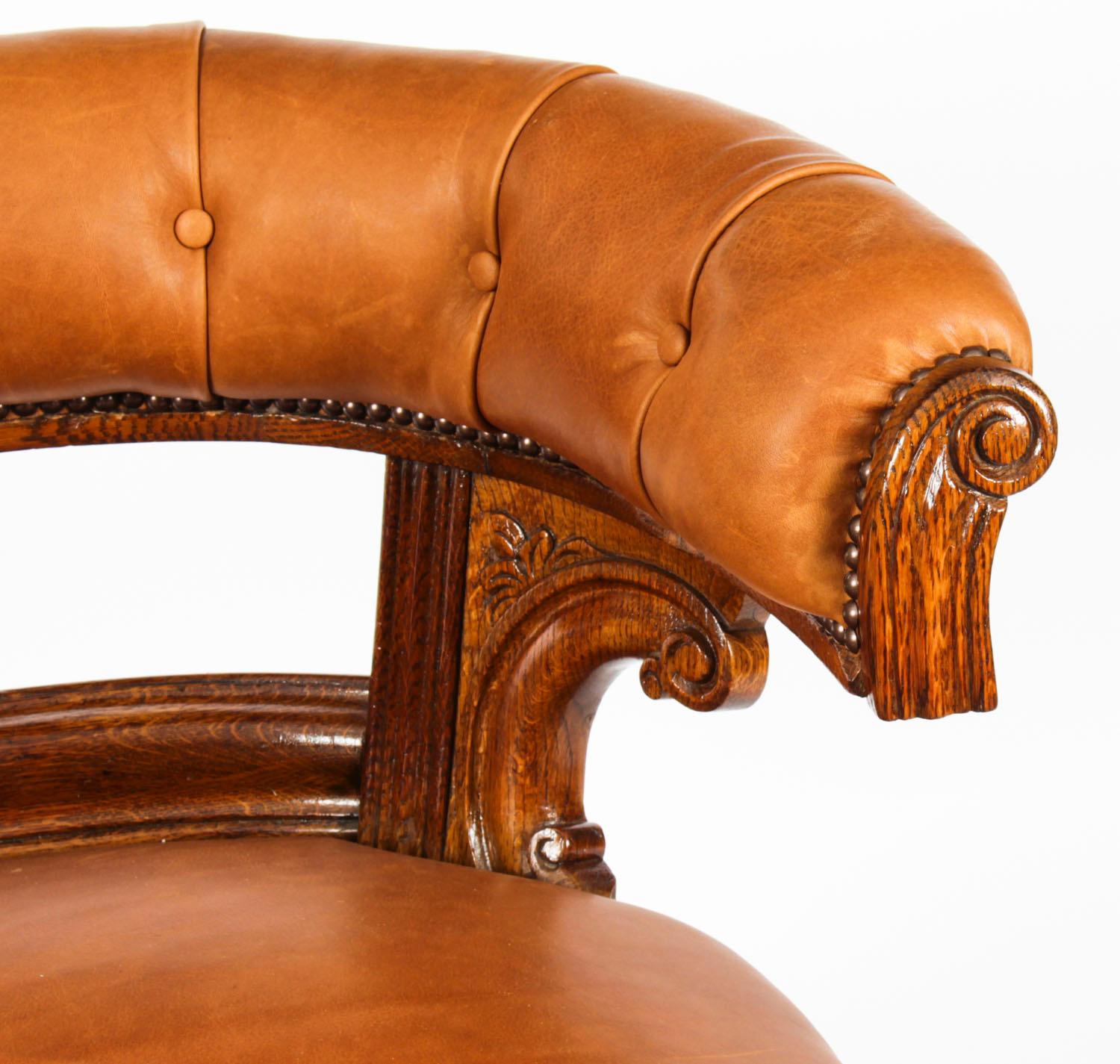 Antique Victorian Oak & Leather Desk Chair Tub Chair, 19th Century 4