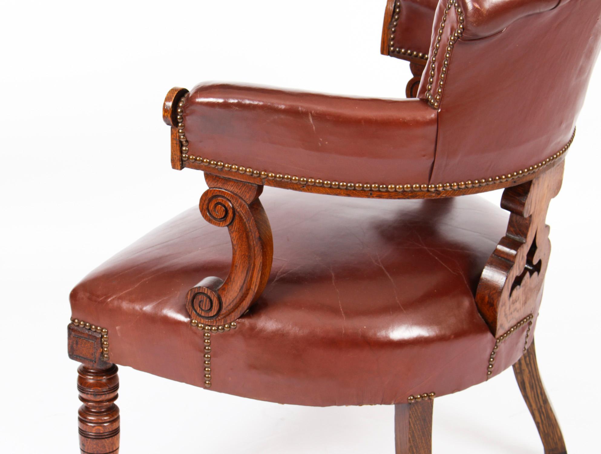 Antique Victorian Oak Leather Desk Chair Tub Chair 19th Century For Sale 1