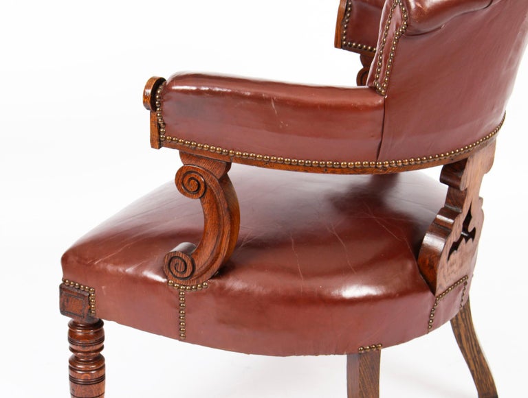 Antique Victorian Oak Leather Desk Chair Tub Chair 19th Century For Sale 4