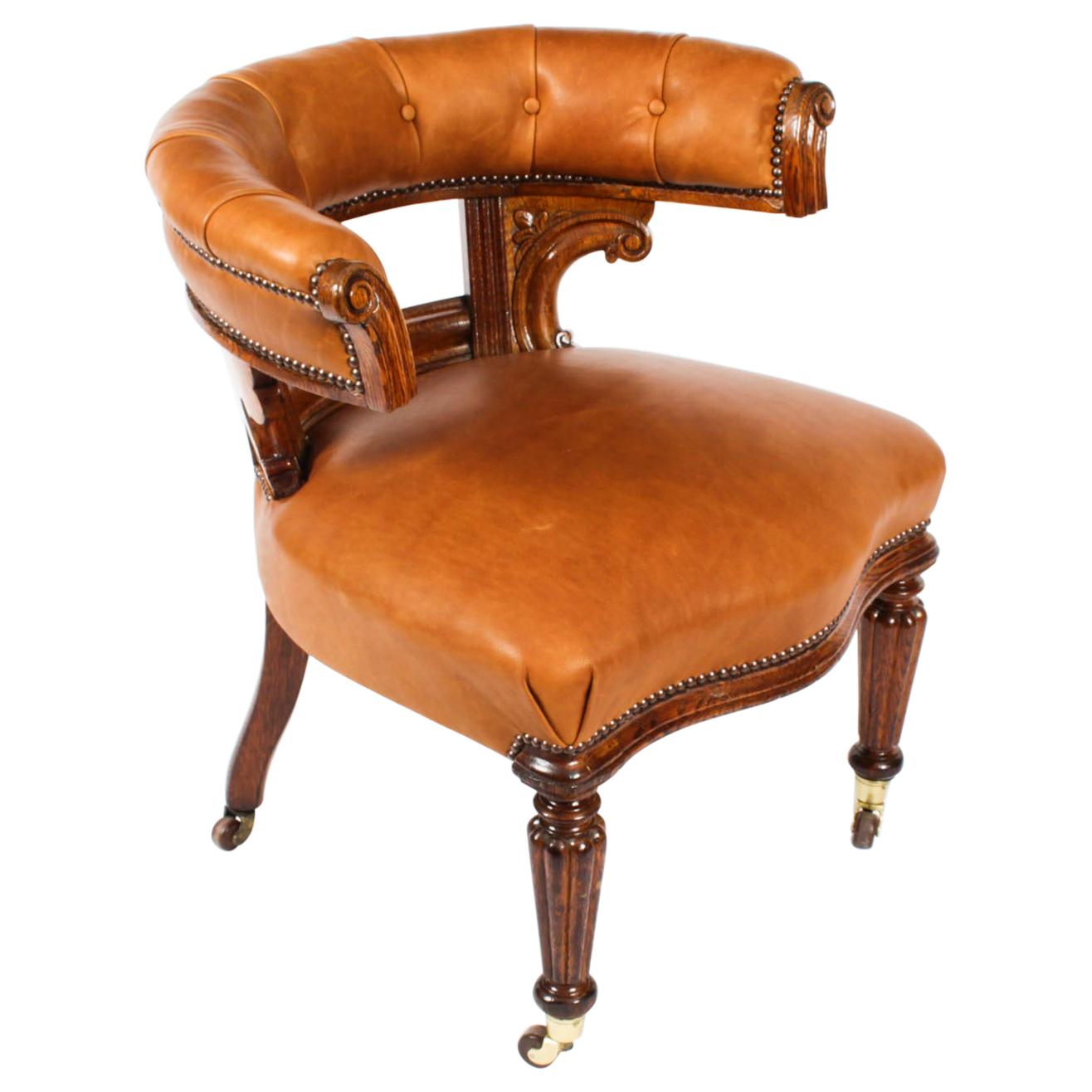 Antique Victorian Oak & Leather Desk Chair Tub Chair, 19th Century