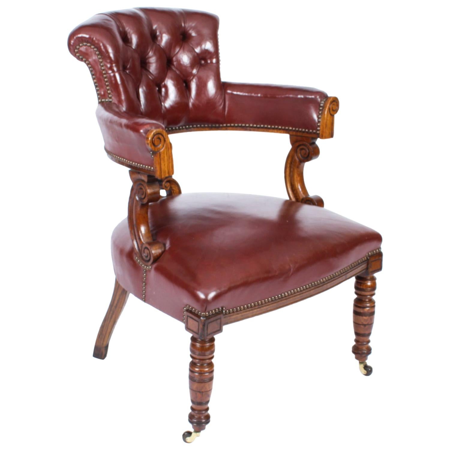 Chaise de bureau victorienne ancienne en chêne et cuir, chaise tubulaire, 19ème siècle