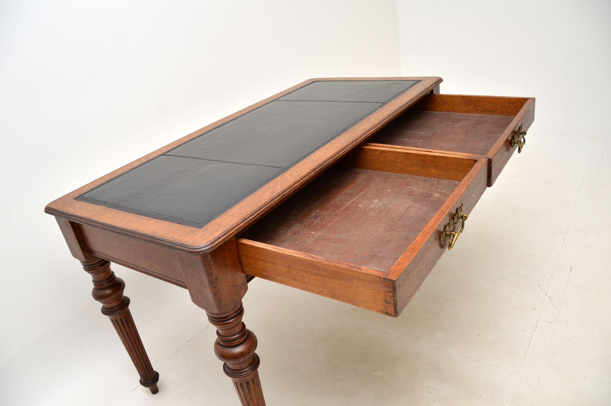 Late 19th Century Antique Victorian Oak Leather Top Writing Table / Desk For Sale