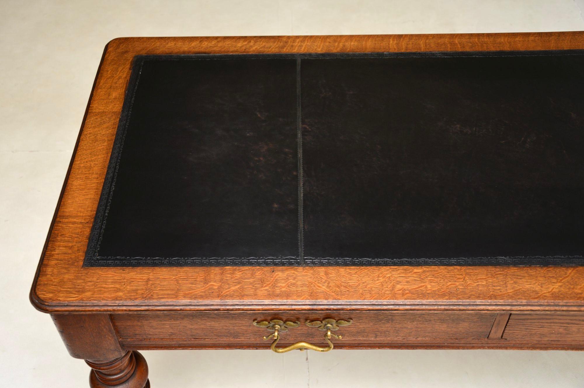 Brass Antique Victorian Oak Leather Top Writing Table / Desk For Sale