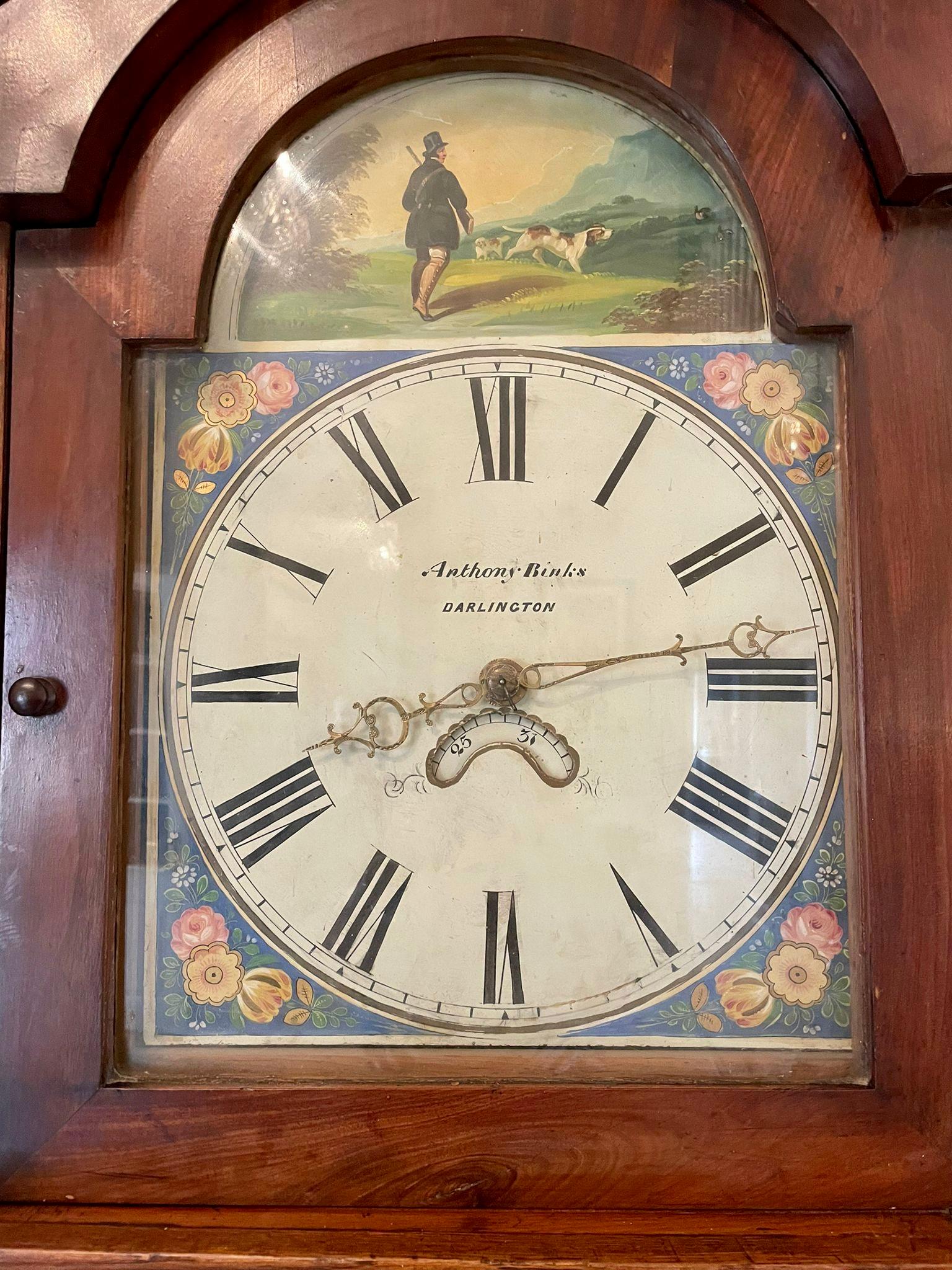 Antique Victorian oak & mahogany painted arched dial grandfather clock signed Anthony Binks having a carved shaped mahogany swan neck pediment with two turned mahogany columns and an arched shaped opening glass and mahogany door, short oak and