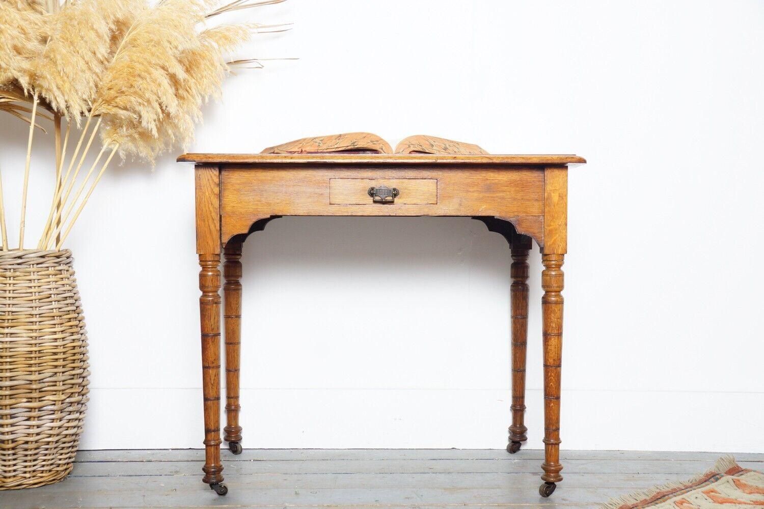Antique Victorian Oak Side Table Desk on Turned Legs For Sale 2