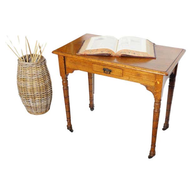 Antique Victorian Oak Side Table Desk on Turned Legs For Sale at 1stDibs