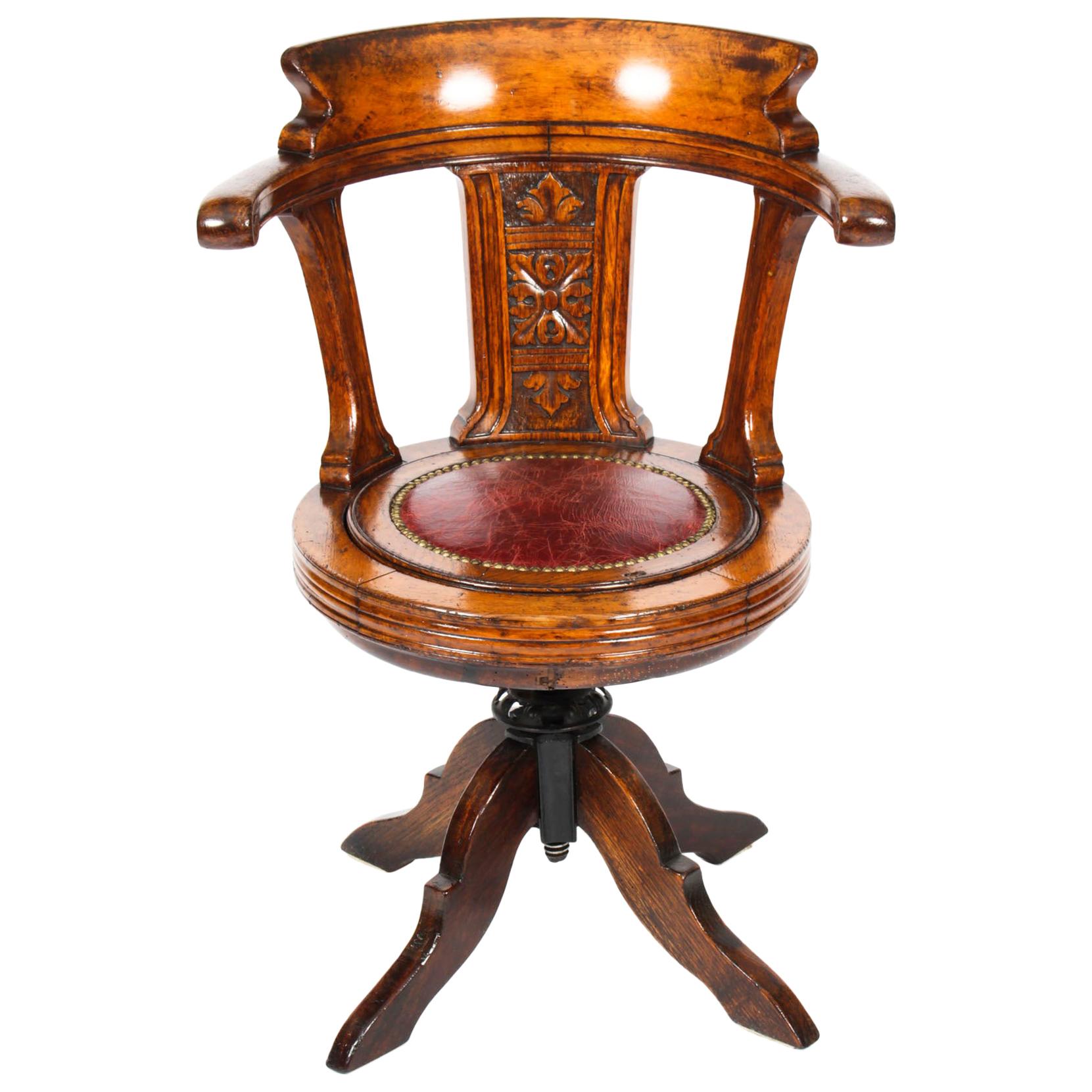 Antique Victorian Oak Swivel Ships / Captains Cockpit Desk Chair 19th C
