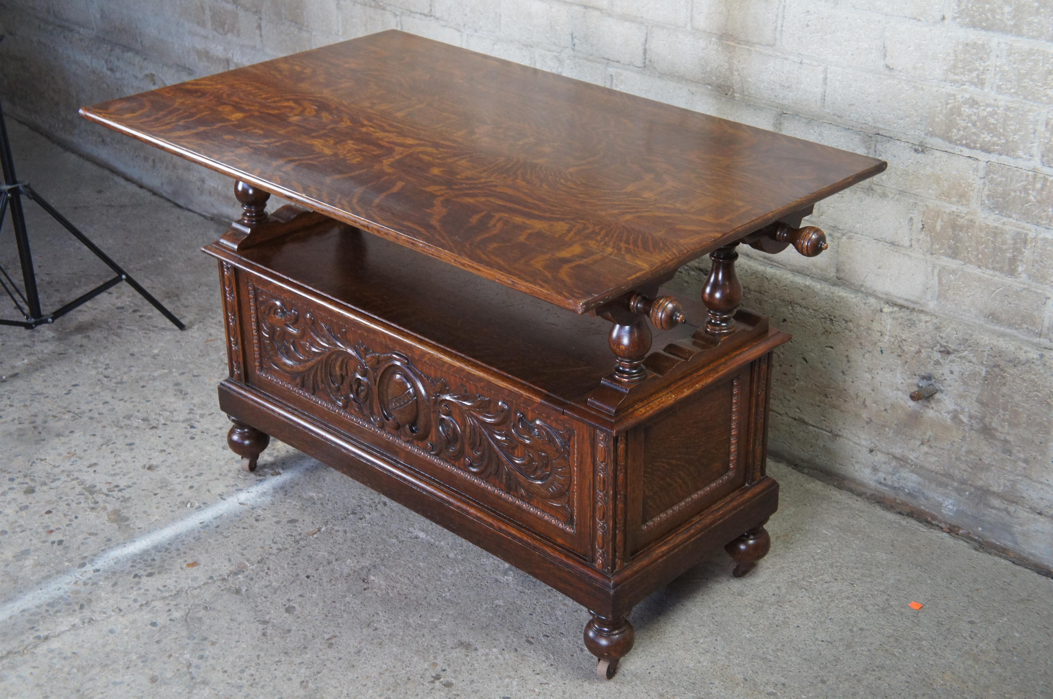 William and Mary Antique Victorian Oak Tilt Top Hutch Table Library Tavern Bench Storage Chest