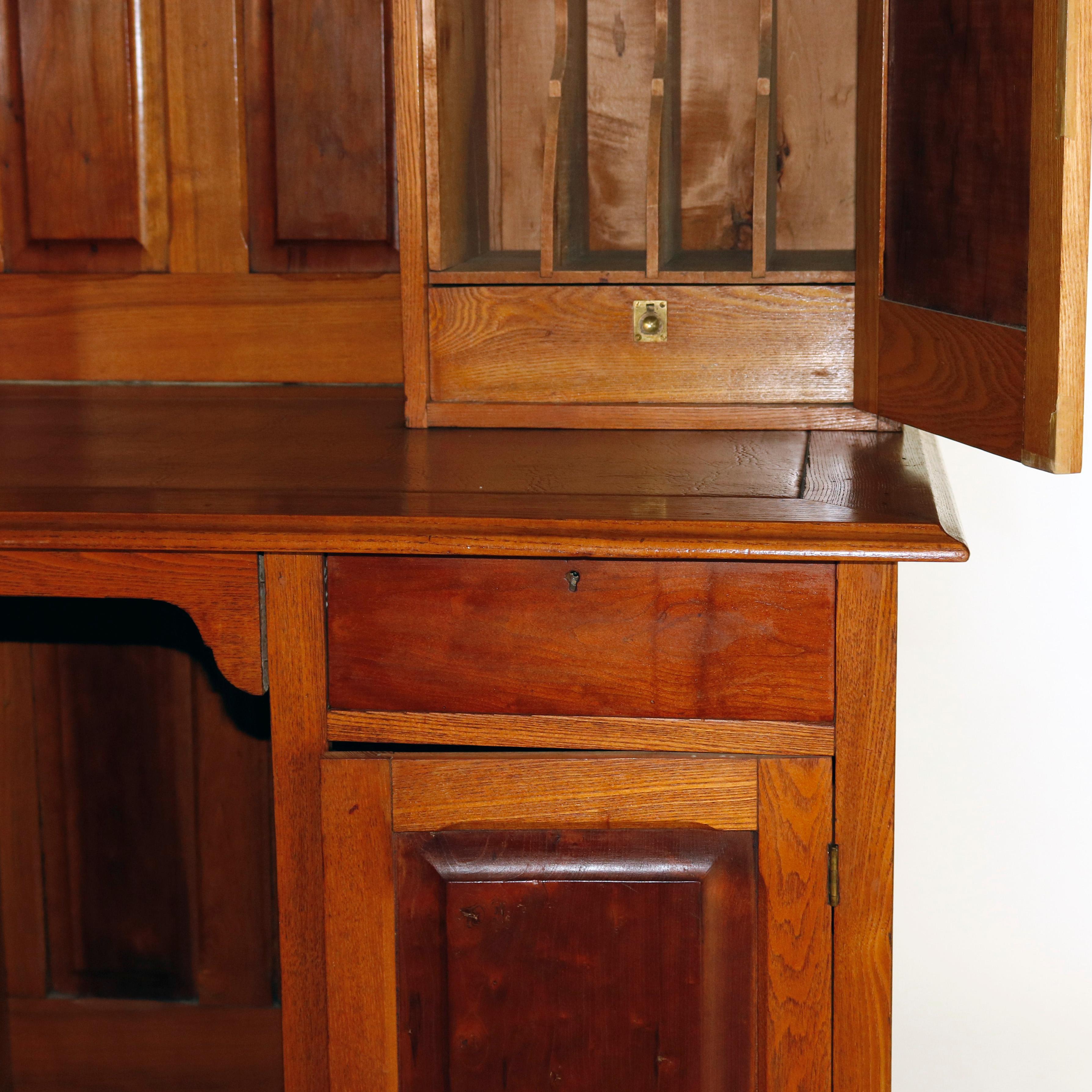 20th Century Antique Victorian Oak & Walnut Secretary Desk with Bookcase, circa 1900