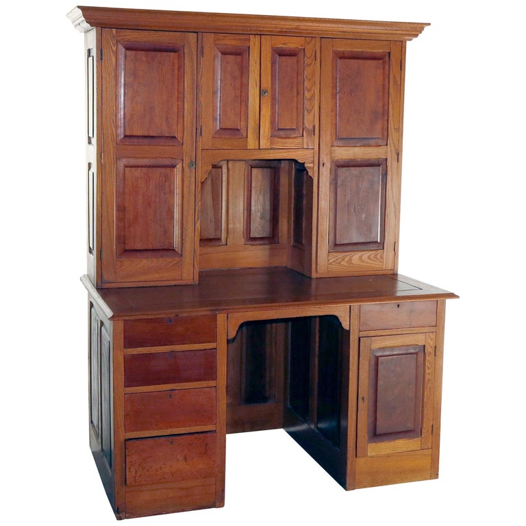 Antique Victorian Oak And Walnut Secretary Desk With Bookcase