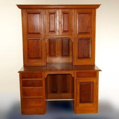 Antique Victorian Oak & Walnut Secretary Desk with Bookcase, circa 1900