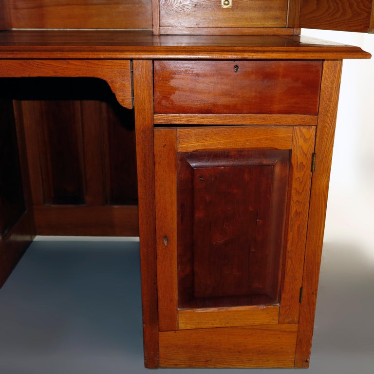 Antique Victorian Oak and Walnut Secretary Desk with Bookcase, circa
