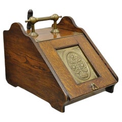 Antique Victorian Oak Wood and Brass Fireplace Coal Scuttle Box Bucket w/ Scoop