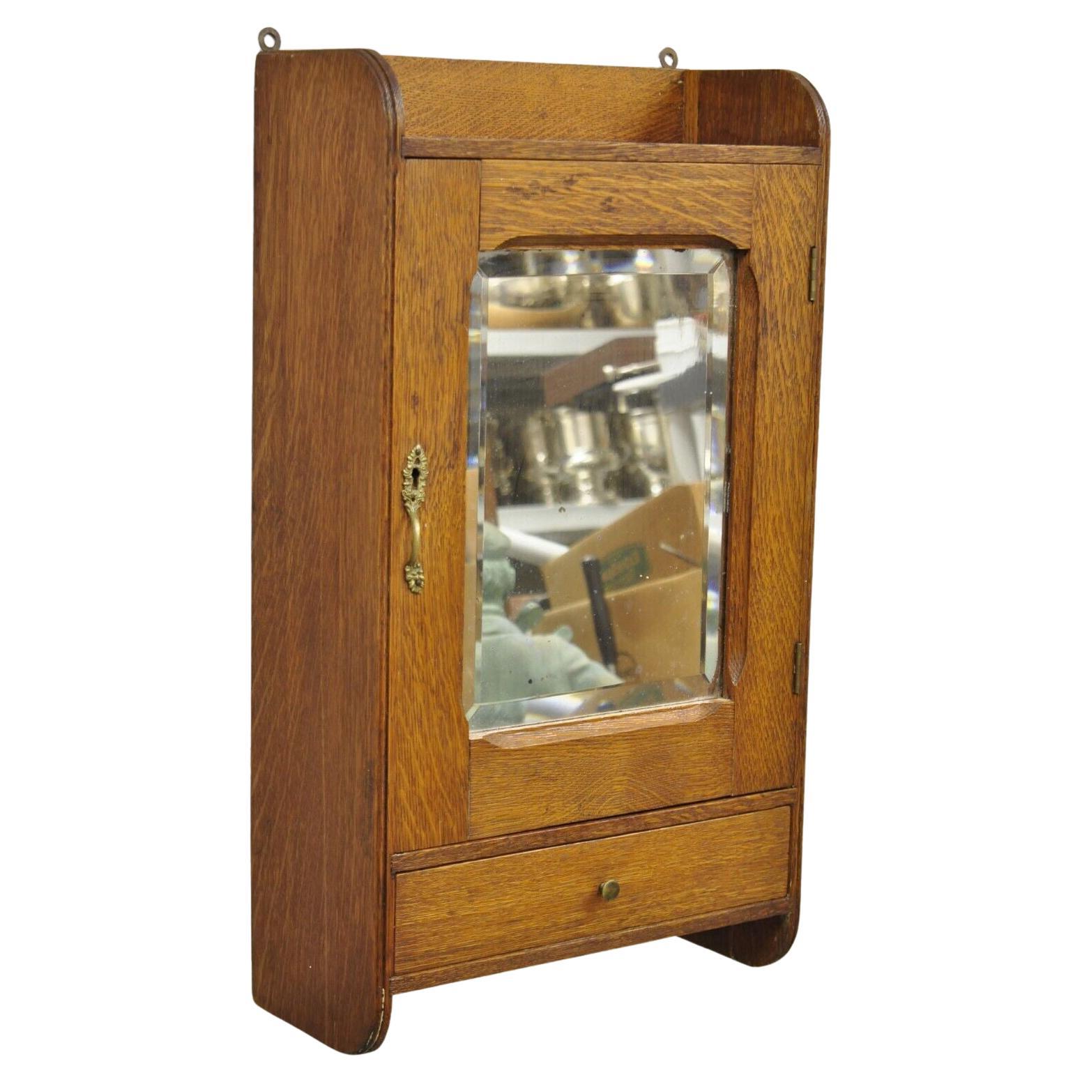 Antique Victorian Oak Wood and Mirror Hanging Bathroom Medicine Cabinet