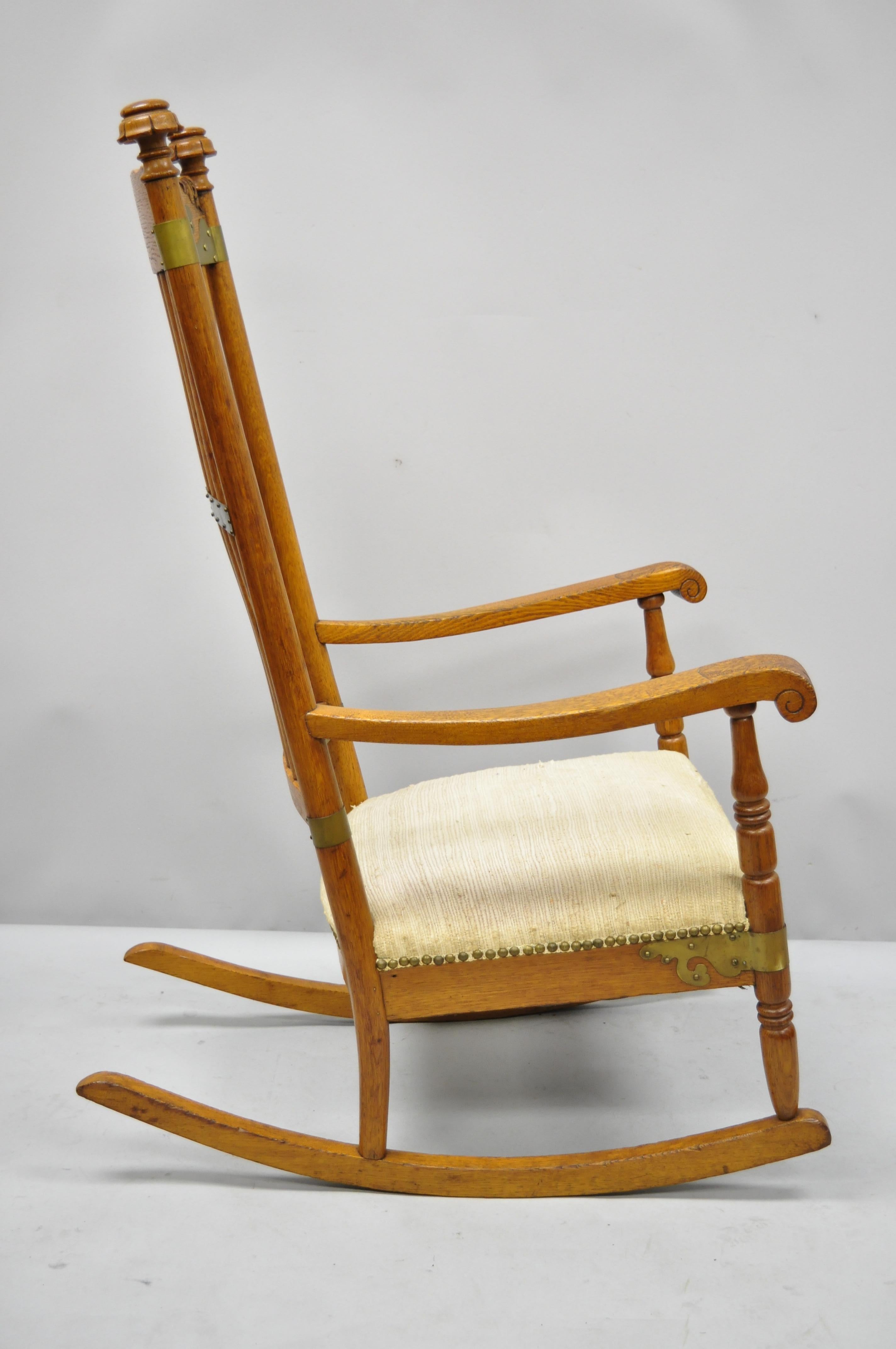 Antique Victorian Oakwood Arts & Crafts Rocker Rocking Chair w/ Brass Accents For Sale 2