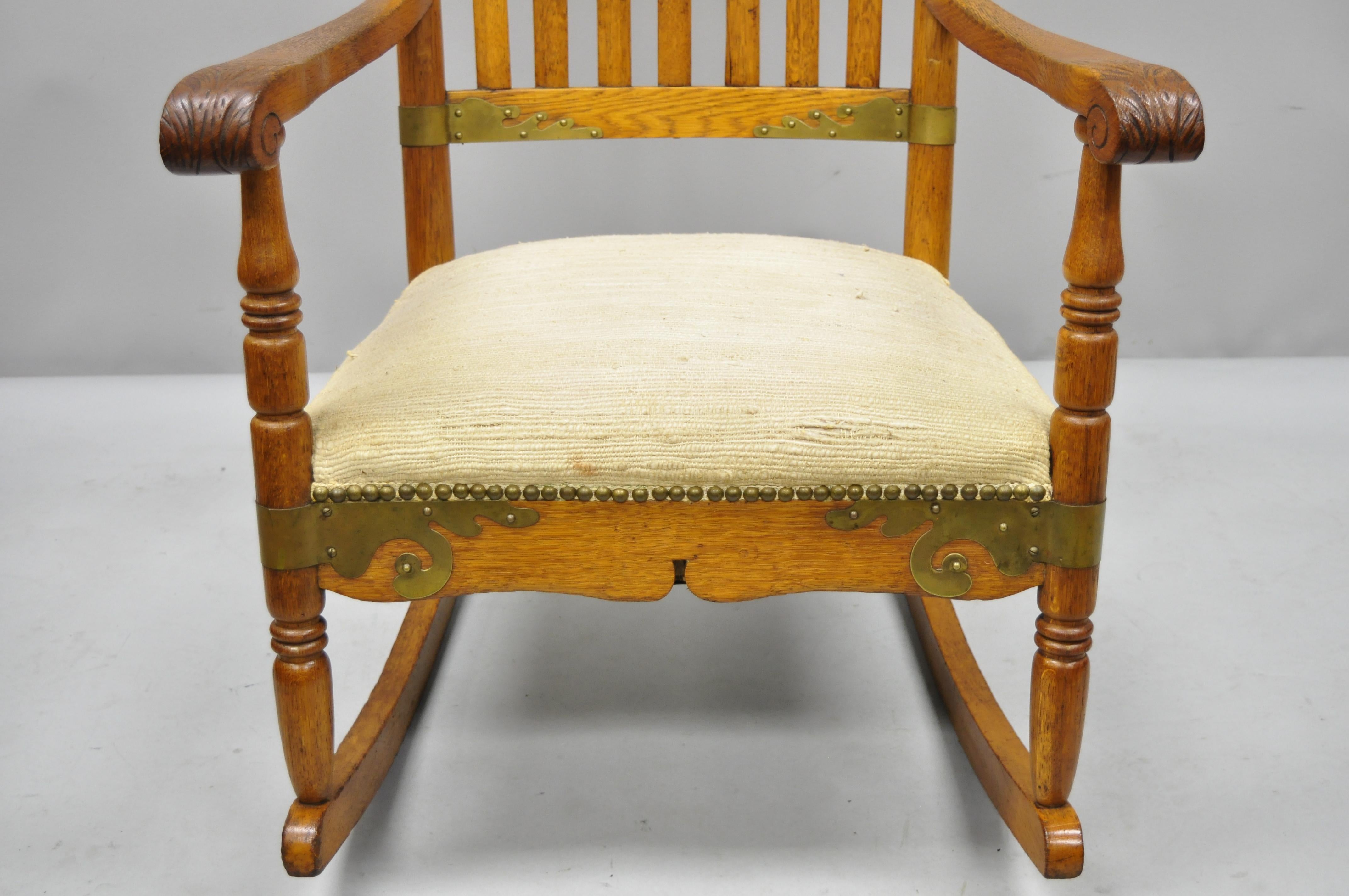 American Antique Victorian Oakwood Arts & Crafts Rocker Rocking Chair w/ Brass Accents For Sale