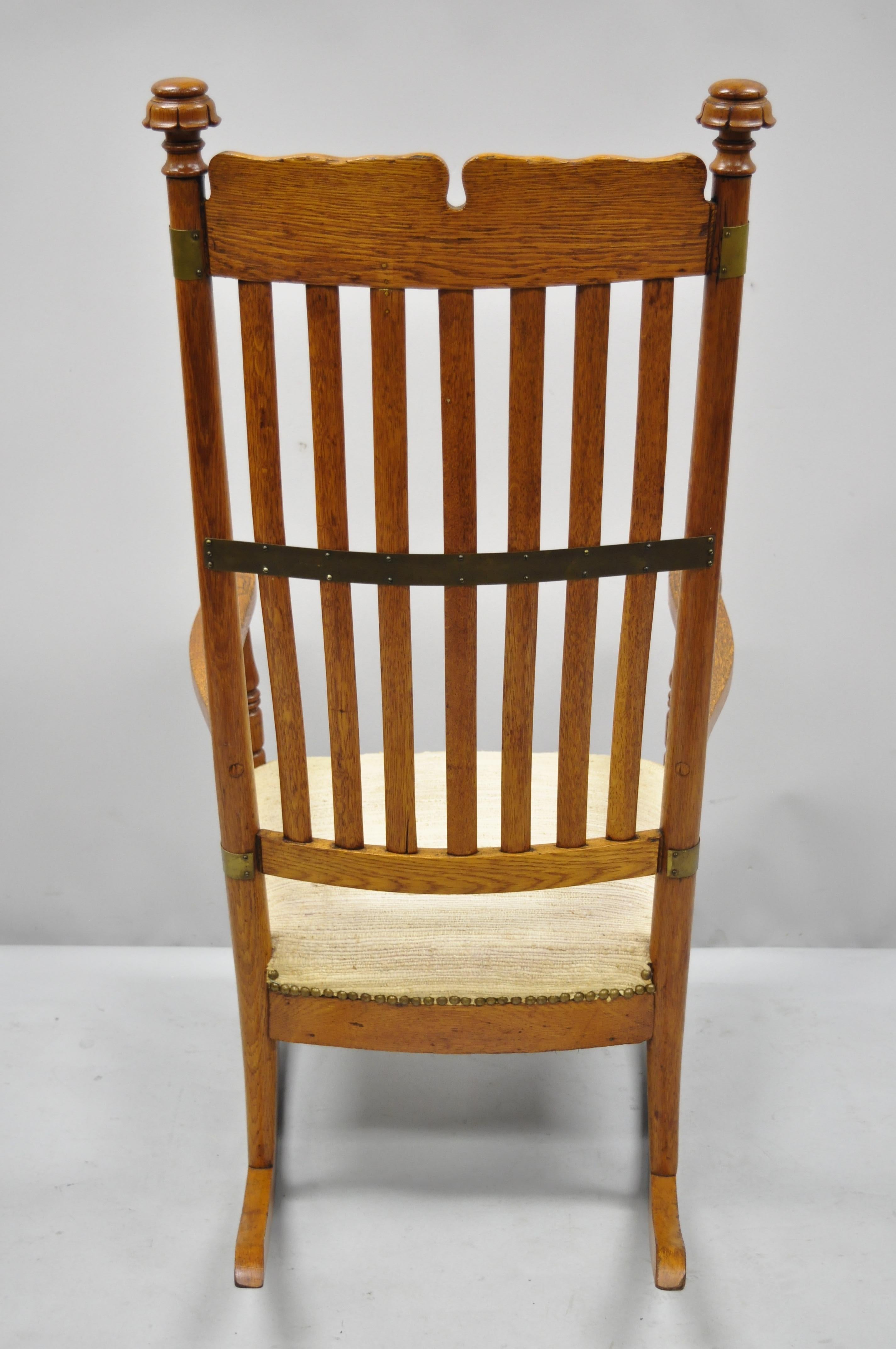 20th Century Antique Victorian Oakwood Arts & Crafts Rocker Rocking Chair w/ Brass Accents For Sale