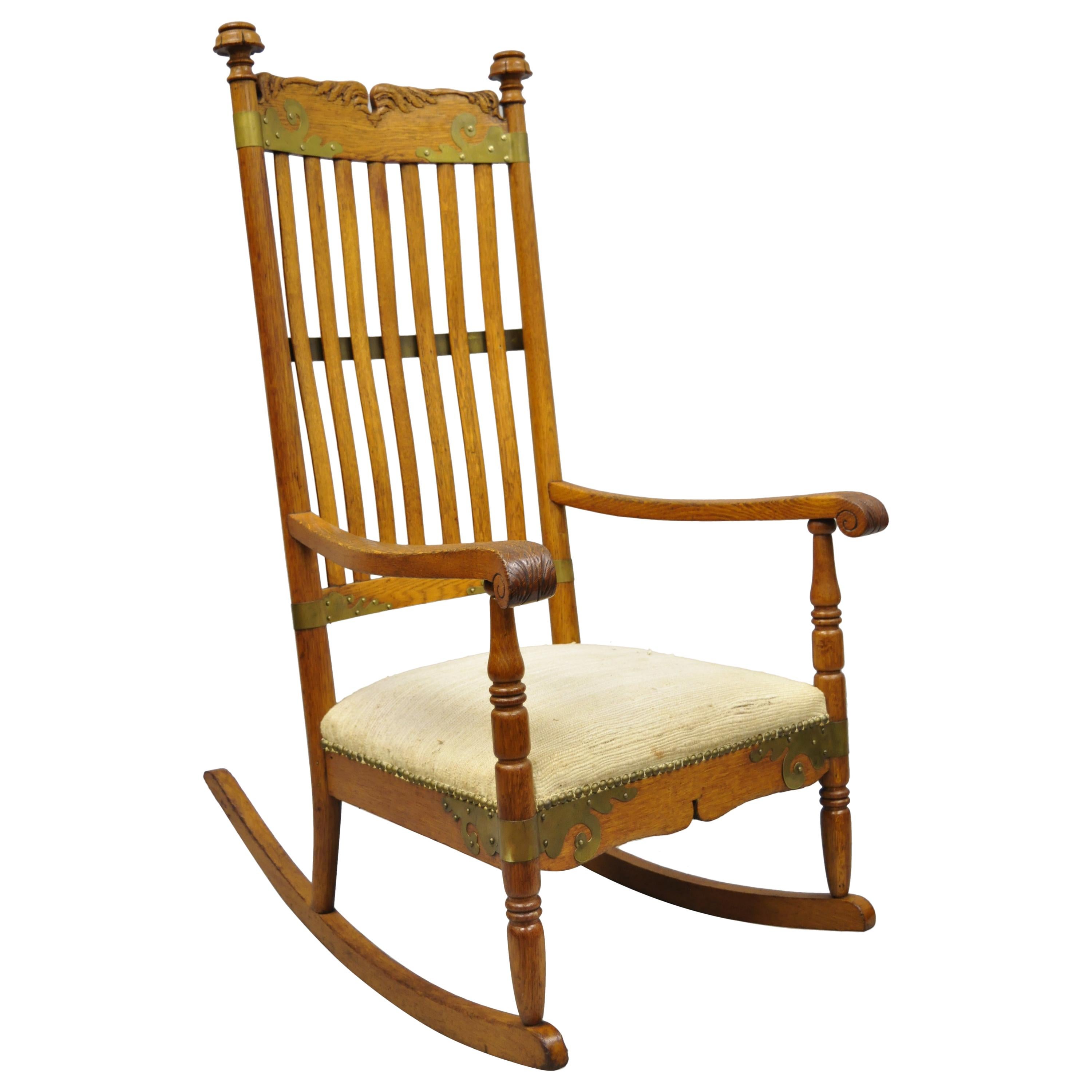 Antique Victorian Oakwood Arts & Crafts Rocker Rocking Chair w/ Brass Accents