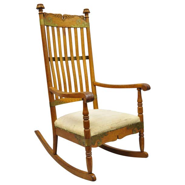 Antique Victorian Oakwood Arts and Crafts Rocker Rocking Chair w/ Brass ...