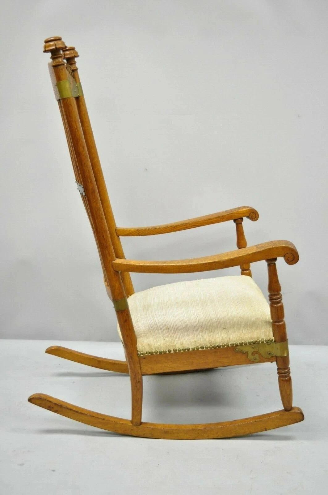 Antique Victorian Oak Wood Arts & Crafts Rocker Rocking Chair with Brass Accents For Sale 5