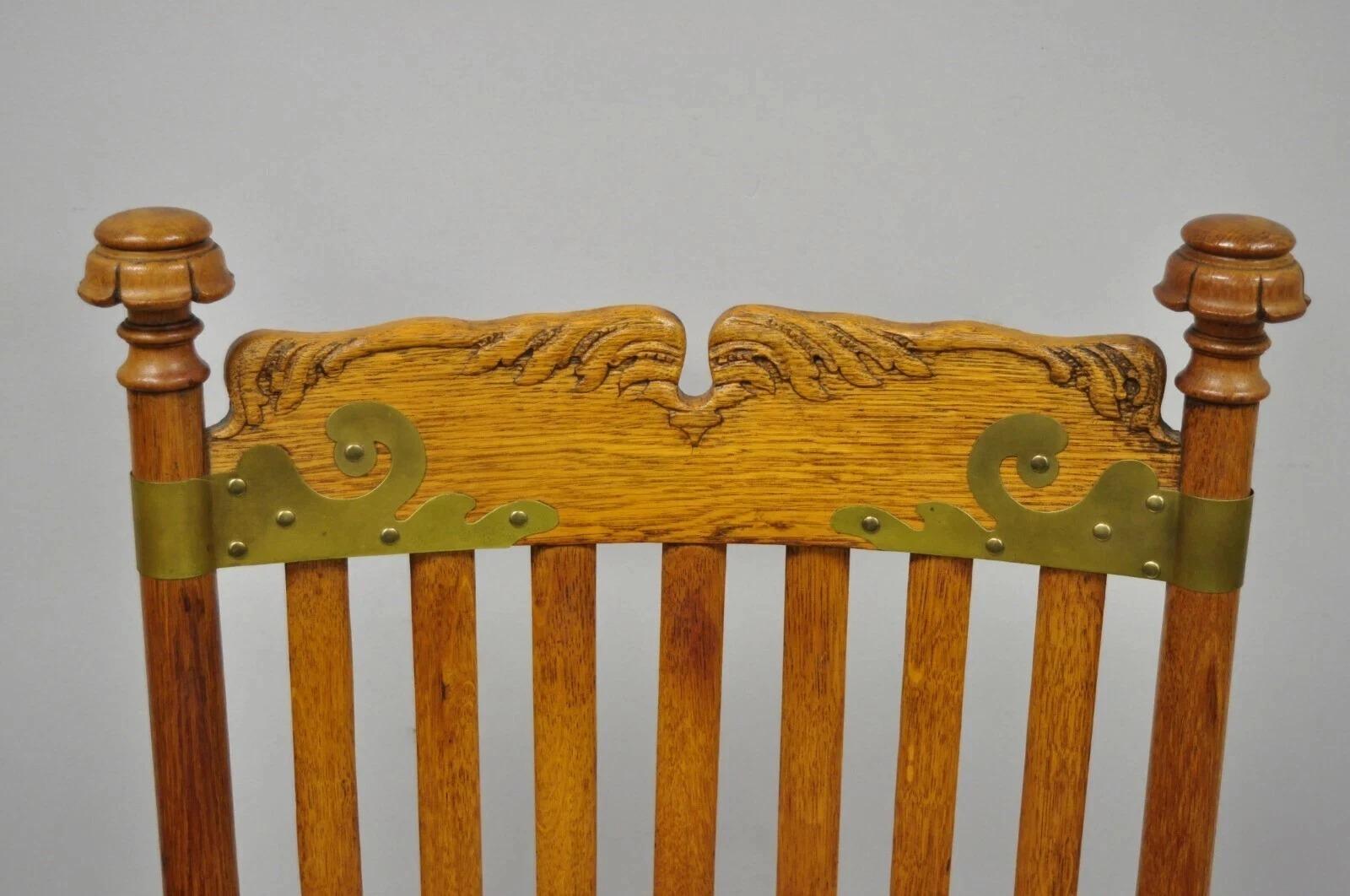 Unknown Antique Victorian Oak Wood Arts & Crafts Rocker Rocking Chair with Brass Accents For Sale