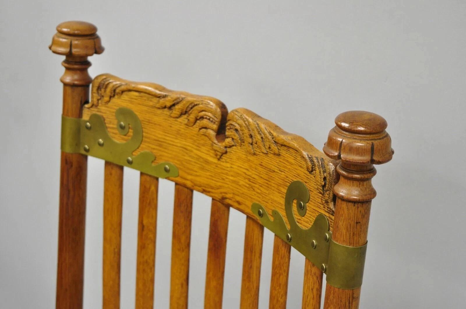 Antique Victorian Oak Wood Arts & Crafts Rocker Rocking Chair with Brass Accents In Good Condition For Sale In Philadelphia, PA