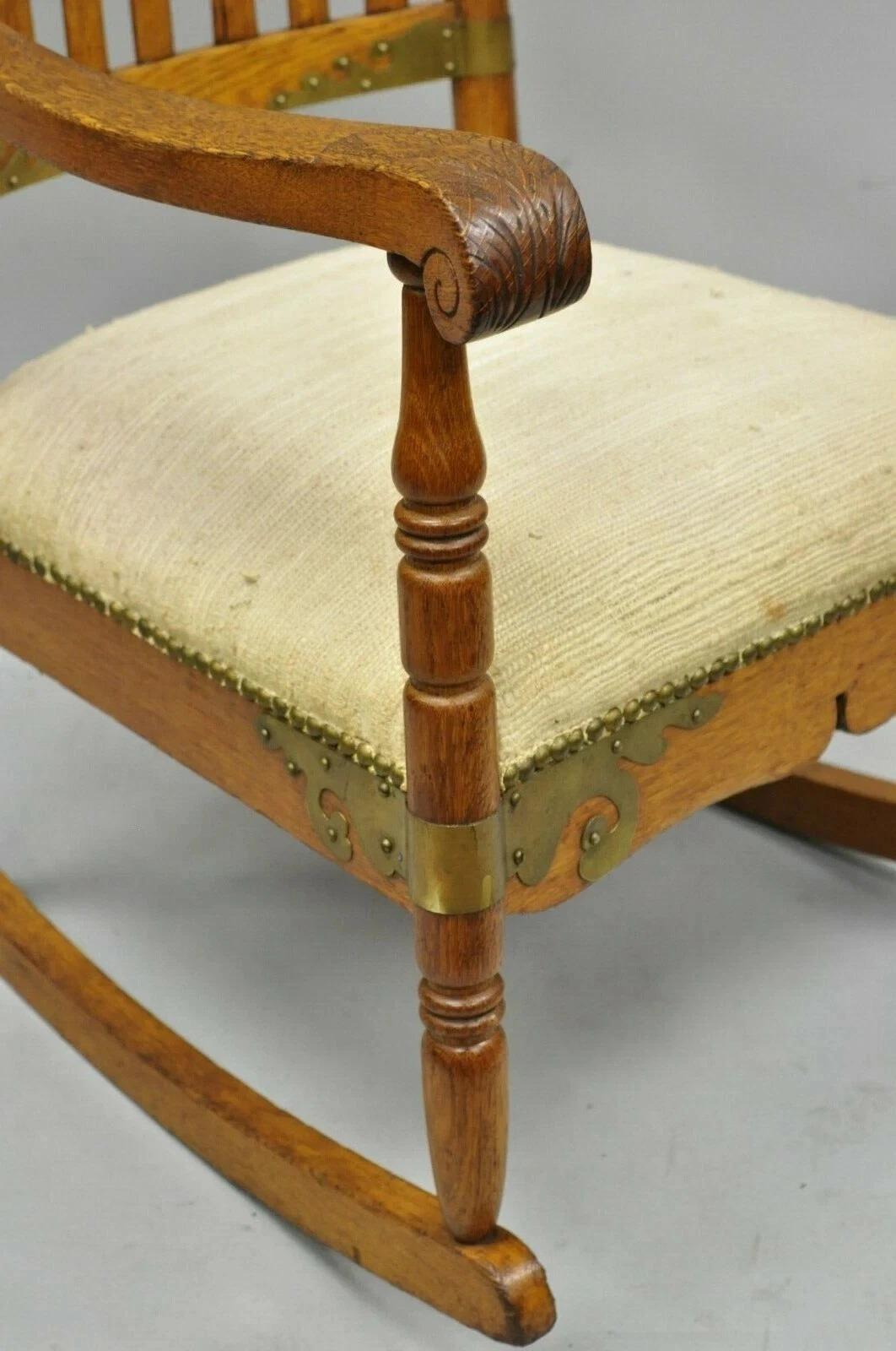 20th Century Antique Victorian Oak Wood Arts & Crafts Rocker Rocking Chair with Brass Accents For Sale