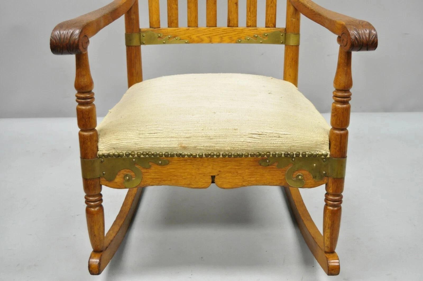 Antique Victorian Oak Wood Arts & Crafts Rocker Rocking Chair with Brass Accents For Sale 1
