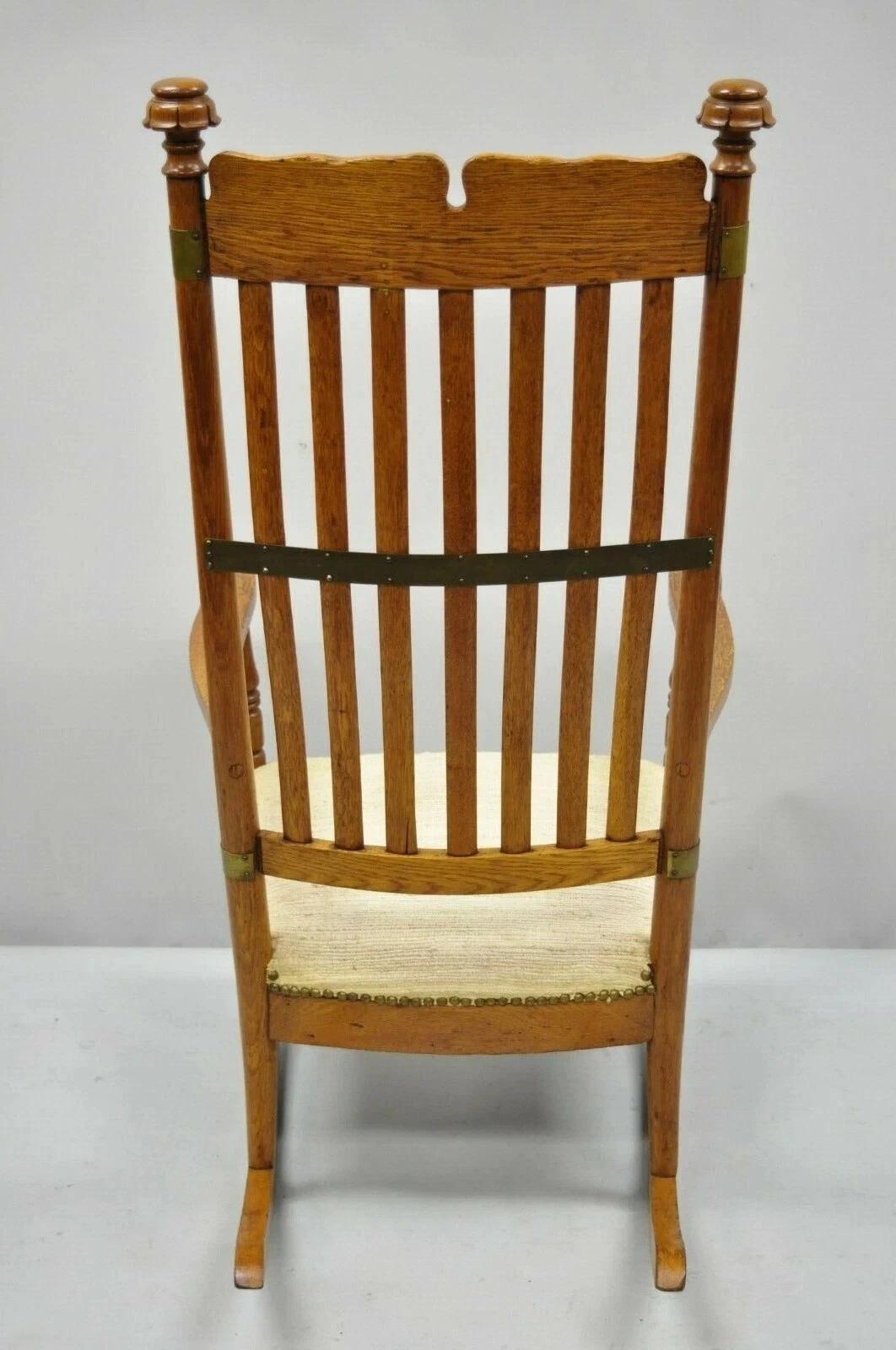 Antique Victorian Oak Wood Arts & Crafts Rocker Rocking Chair with Brass Accents For Sale 3