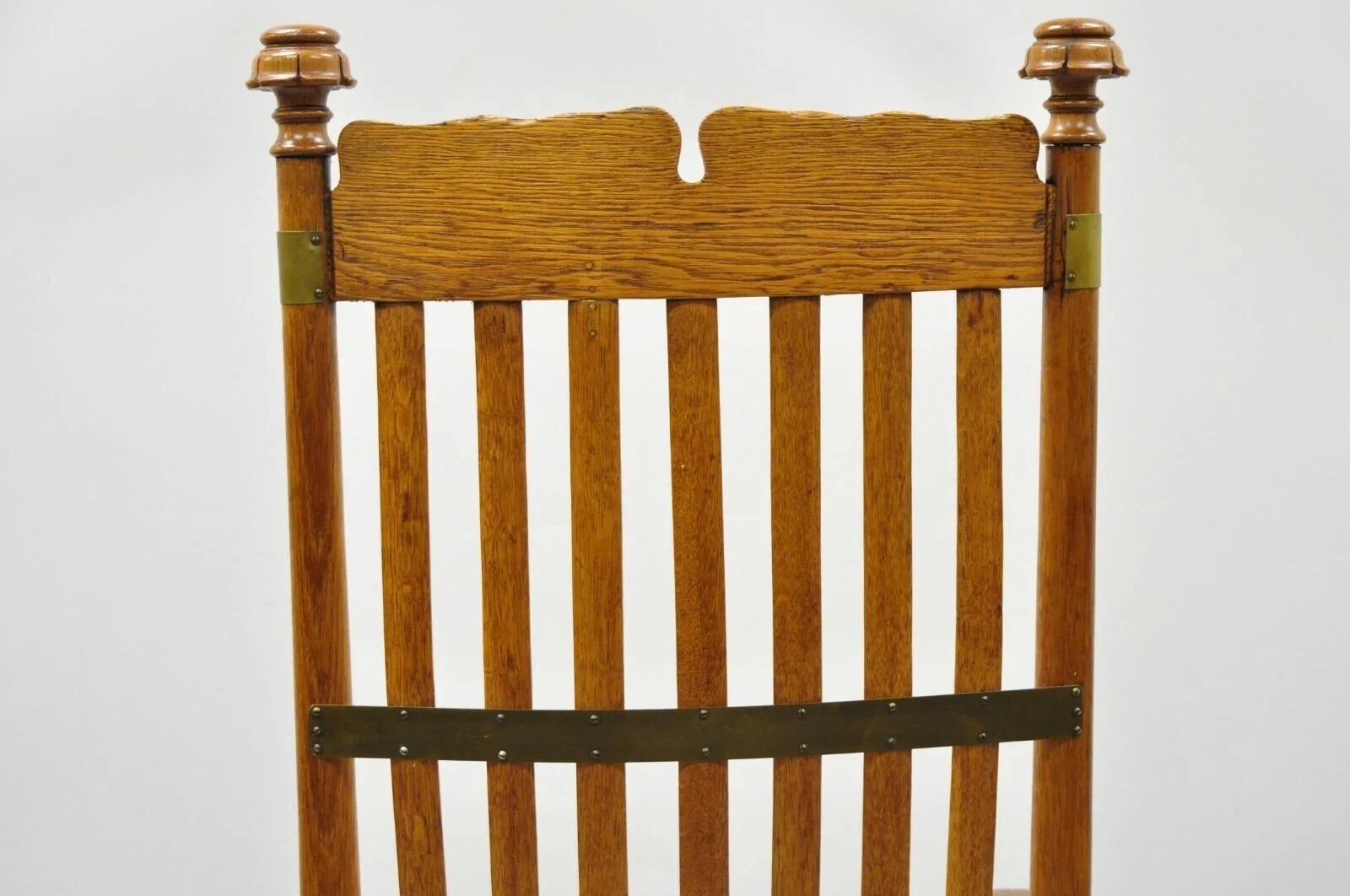 Antique Victorian Oak Wood Arts & Crafts Rocker Rocking Chair with Brass Accents For Sale 4