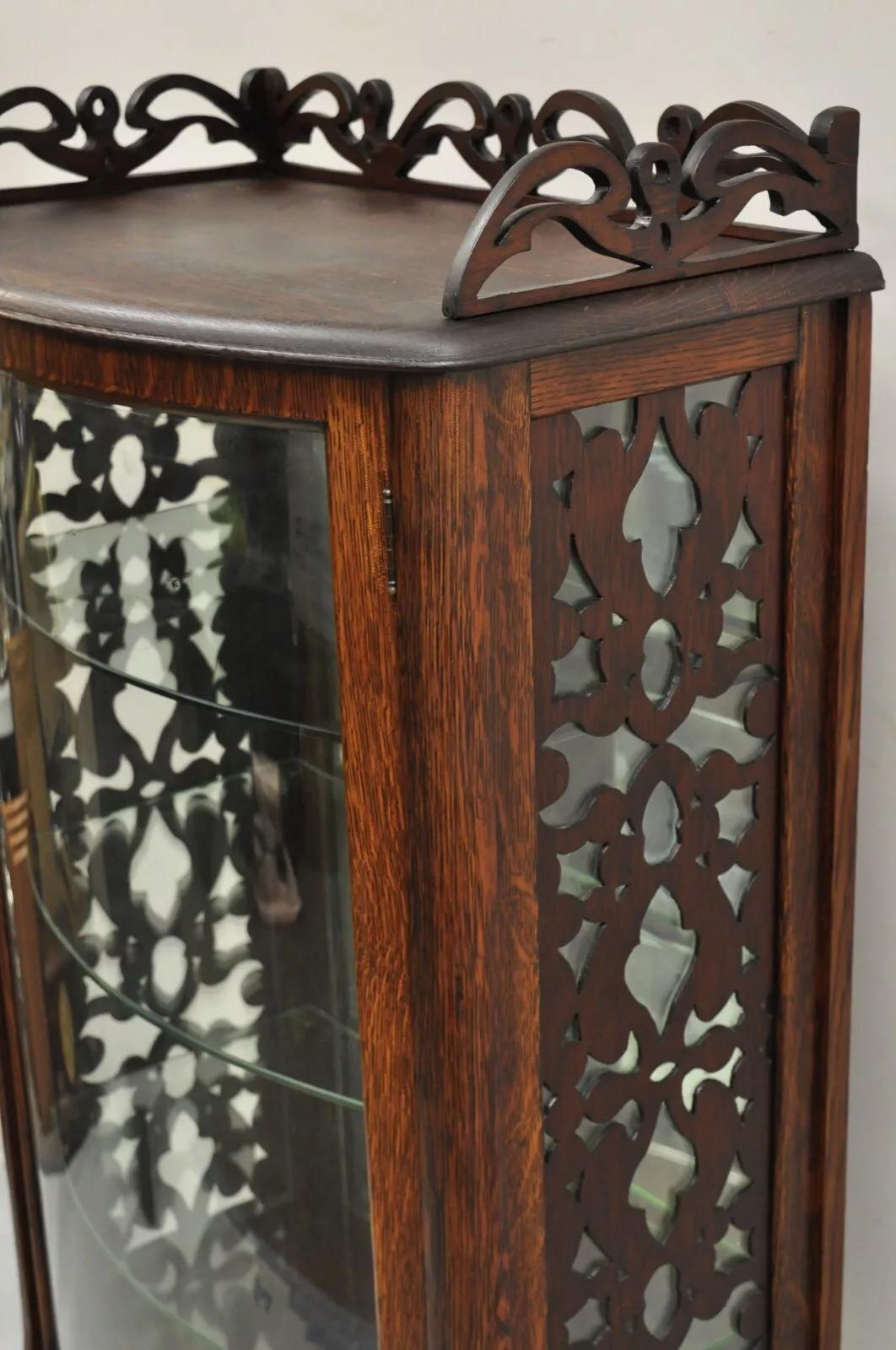 Antique Victorian Oak Wood Bowed Glass Single Door Carved Fretwork Curio Cabinet 5