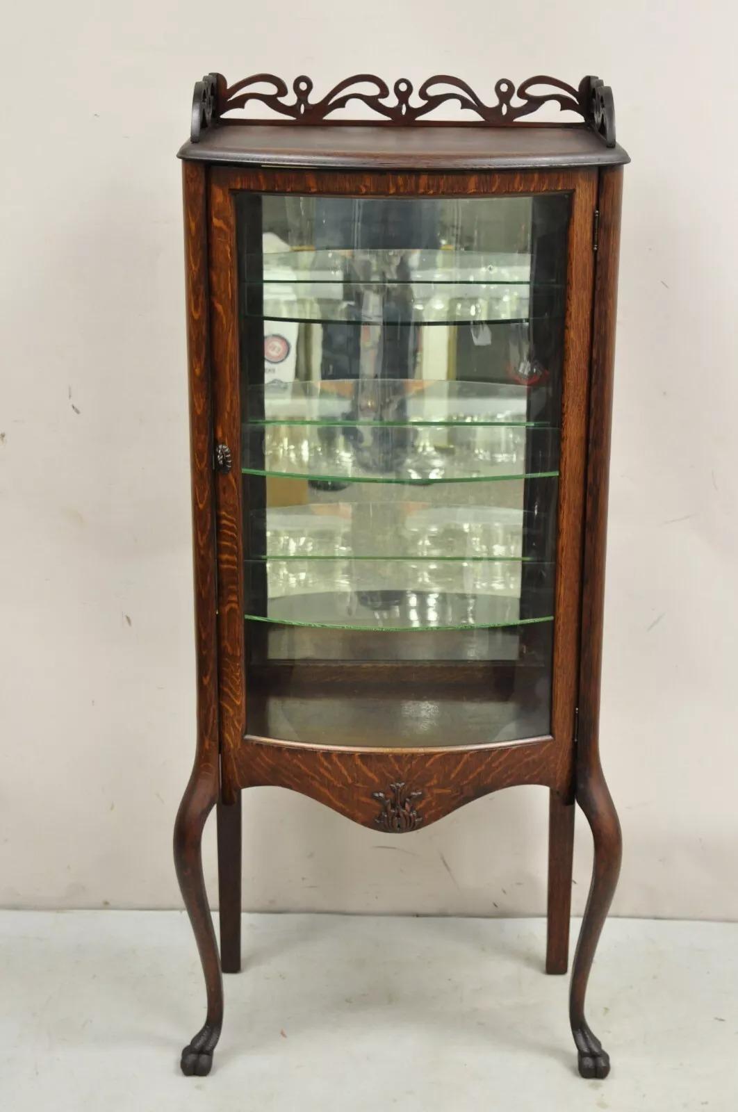 Antique Victorian Oak Wood Bowed Glass Single Door Carved Fretwork Curio Cabinet 7