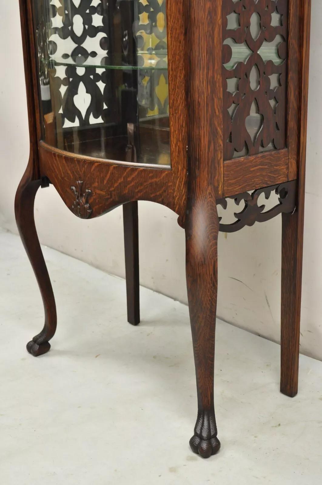 19th Century Antique Victorian Oak Wood Bowed Glass Single Door Carved Fretwork Curio Cabinet