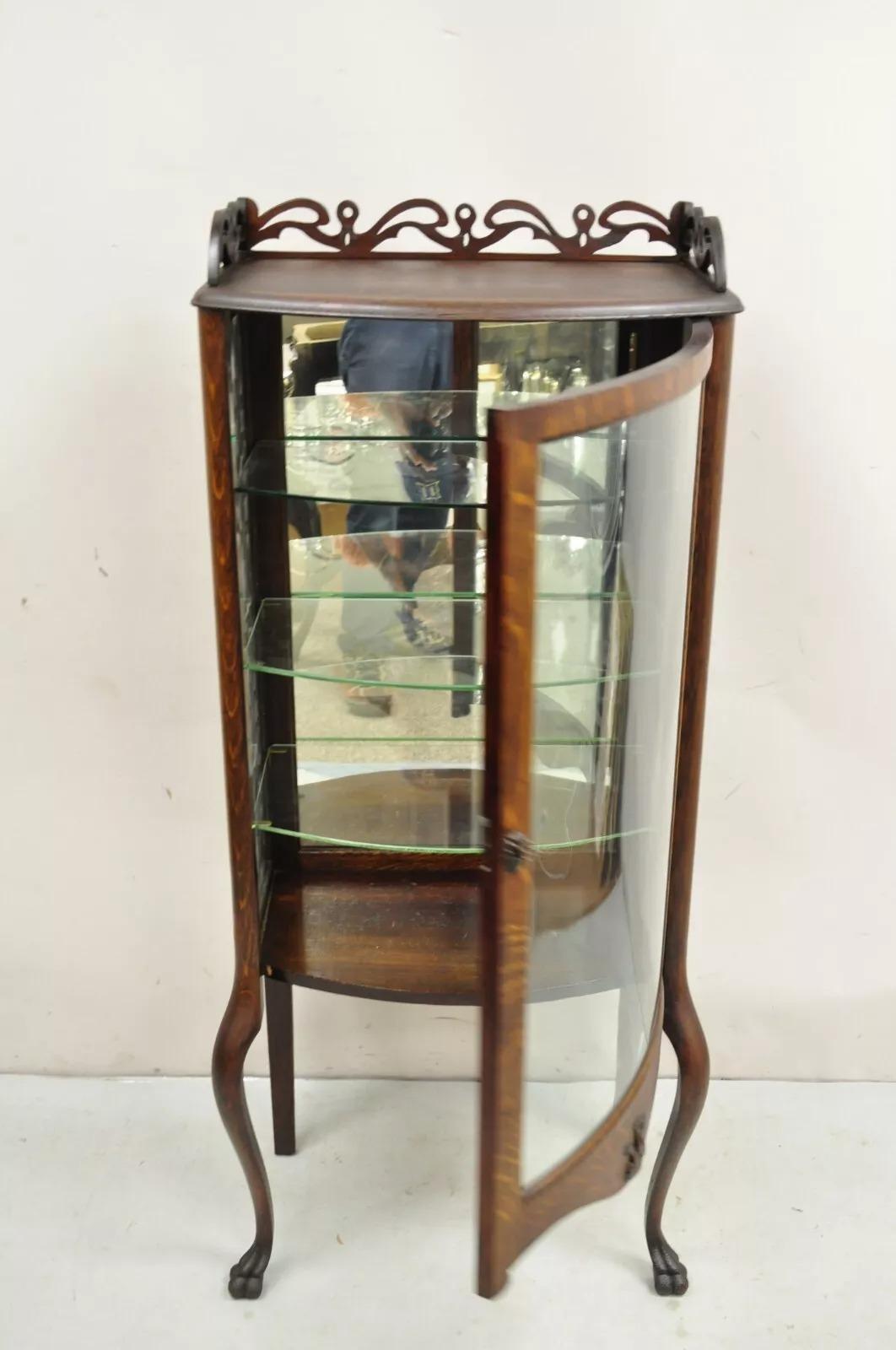 Antique Victorian Oak Wood Bowed Glass Single Door Carved Fretwork Curio Cabinet 1