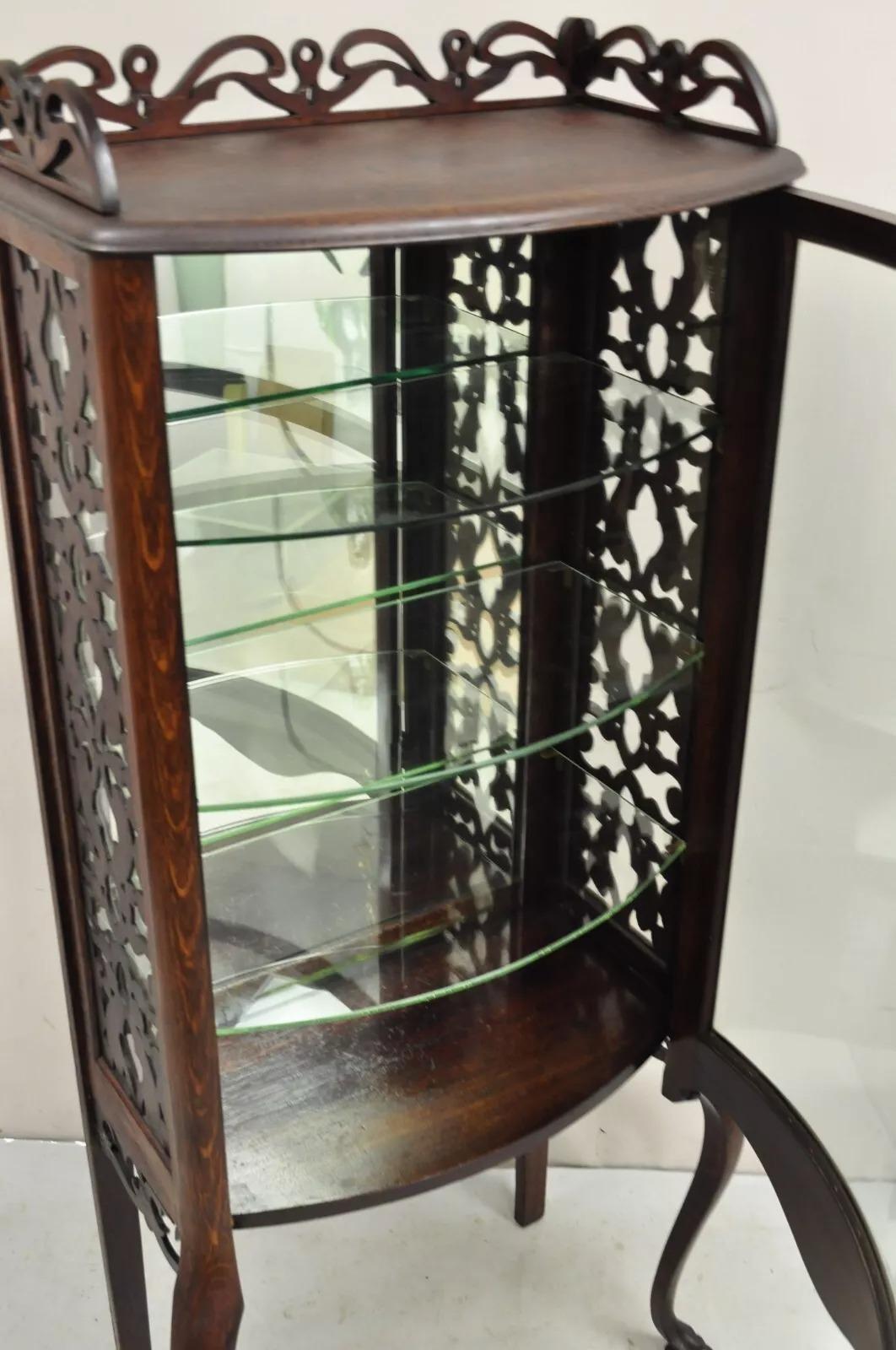 Antique Victorian Oak Wood Bowed Glass Single Door Carved Fretwork Curio Cabinet 2